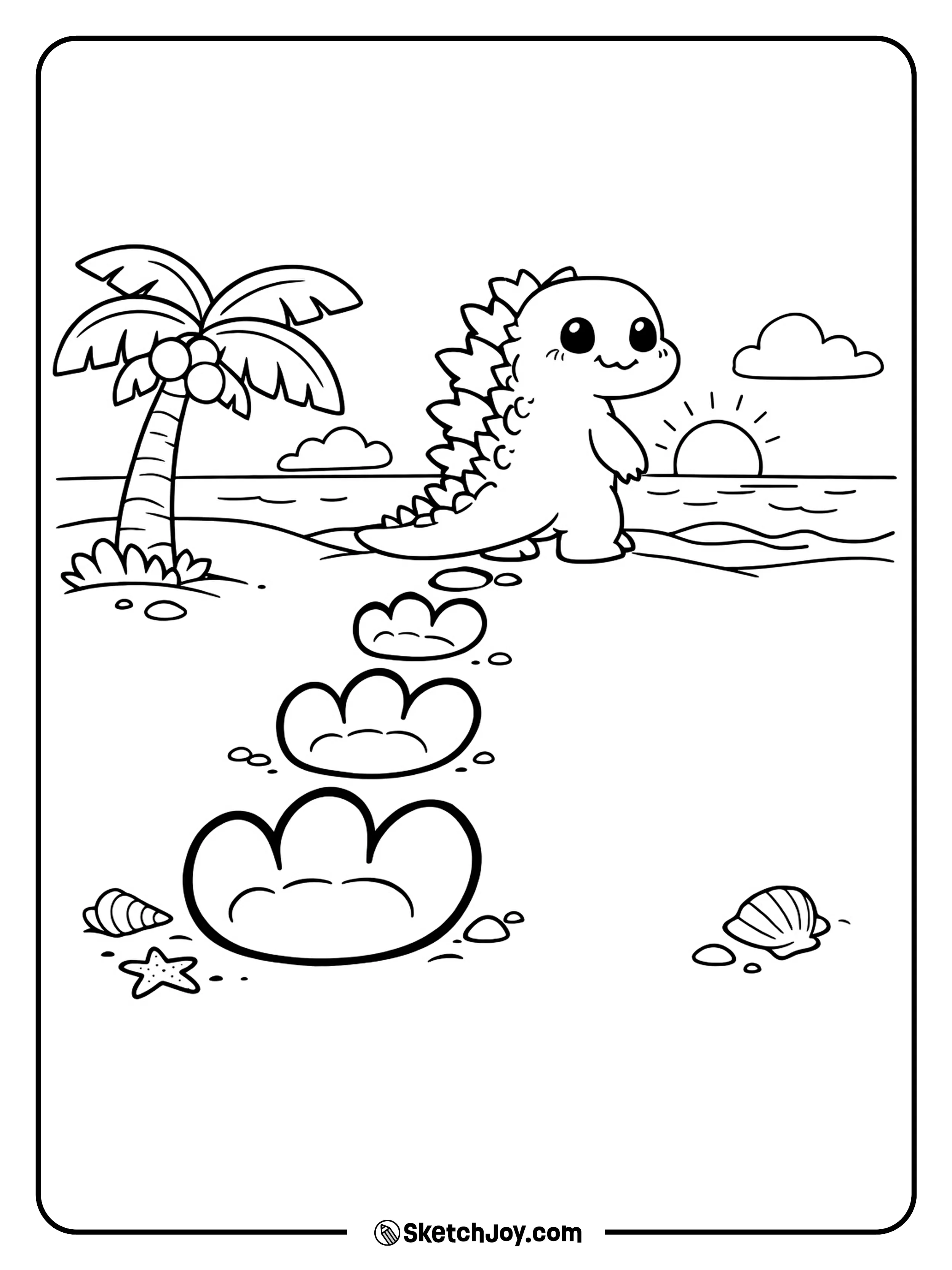 Big footprints trail across the sand with Godzilla in the distance.