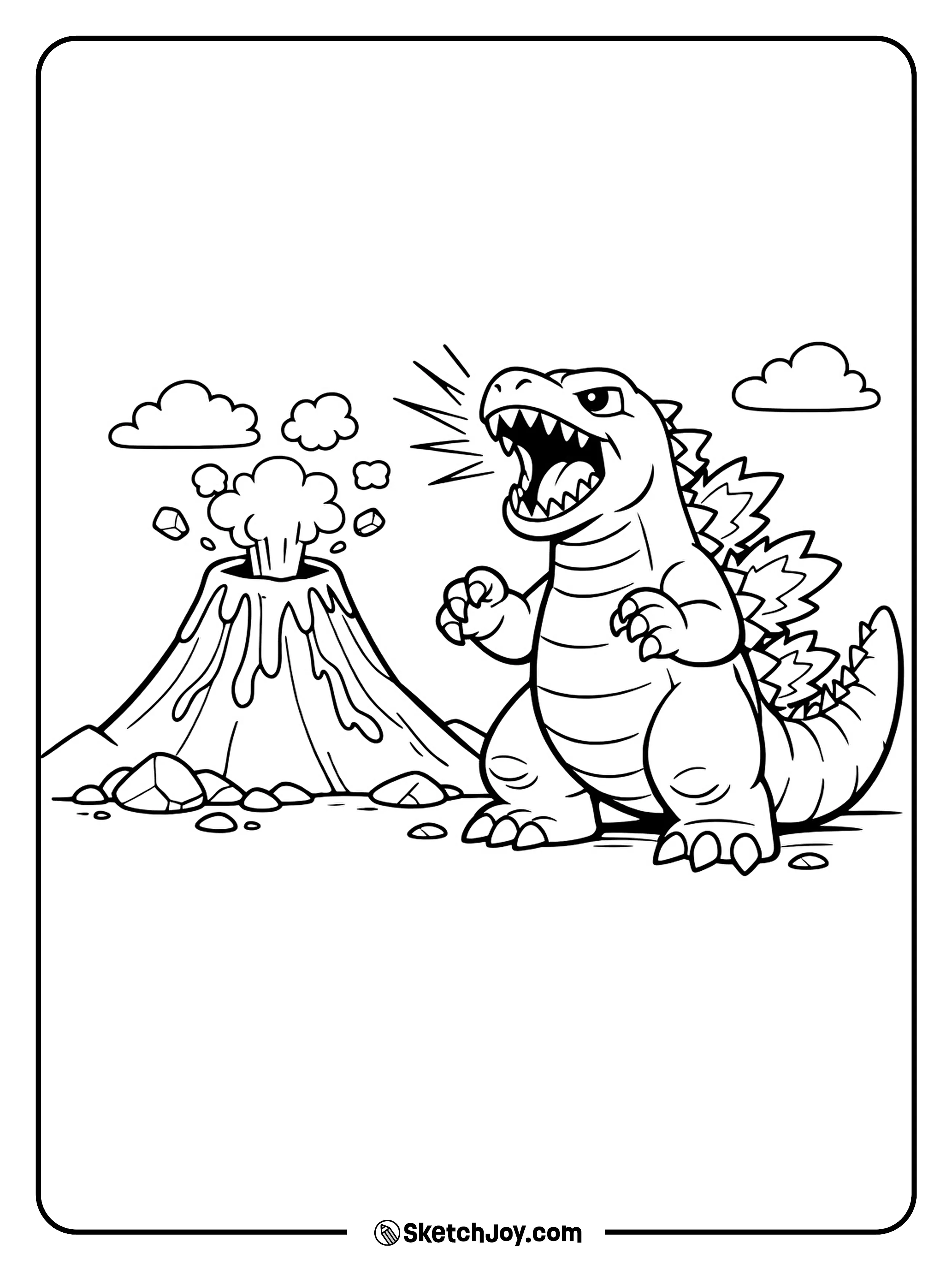 Godzilla stands by a volcano with a few rocks and smoke puffs.