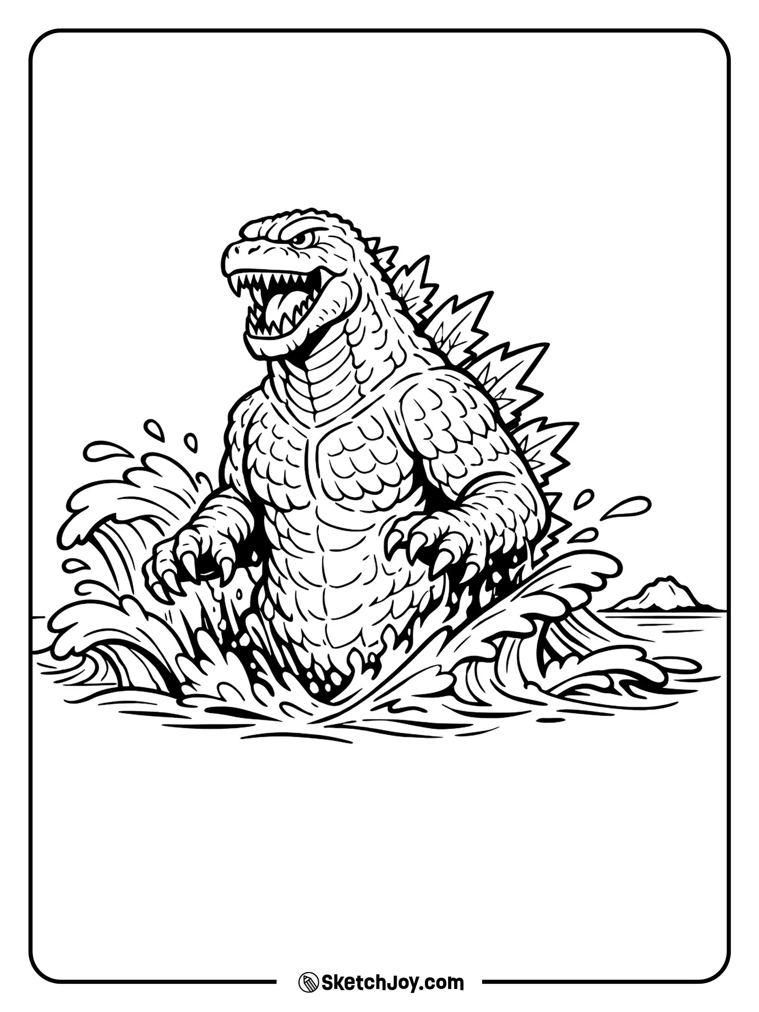 Godzilla emerges from the ocean with waves around him.