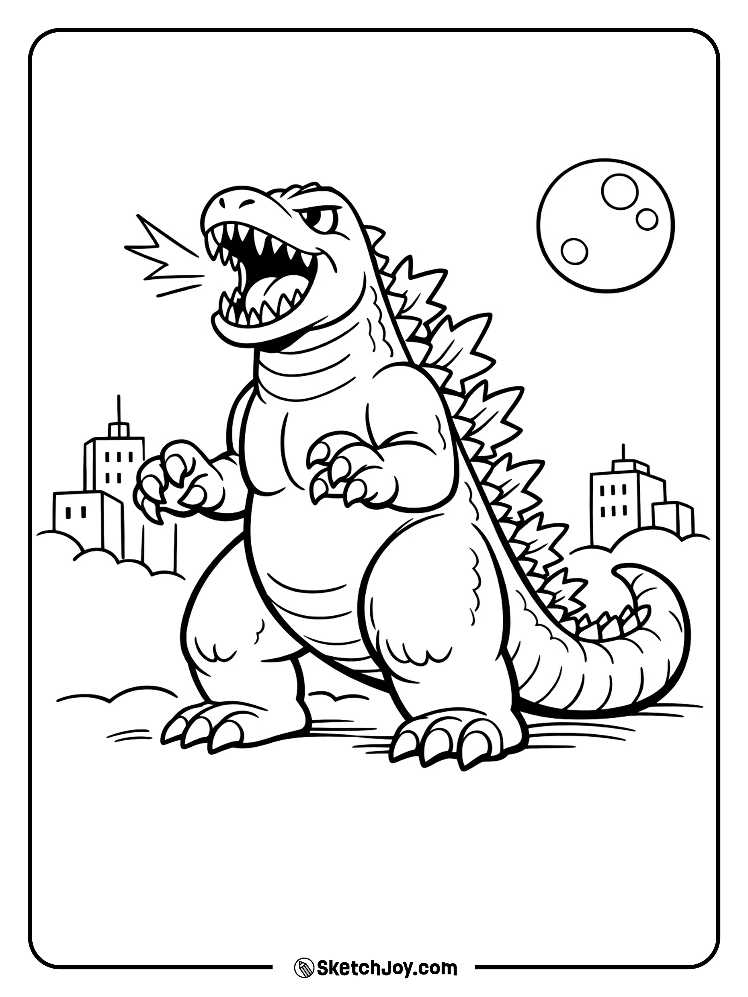 Godzilla stands tall and roars while a simple city skyline sits behind him.