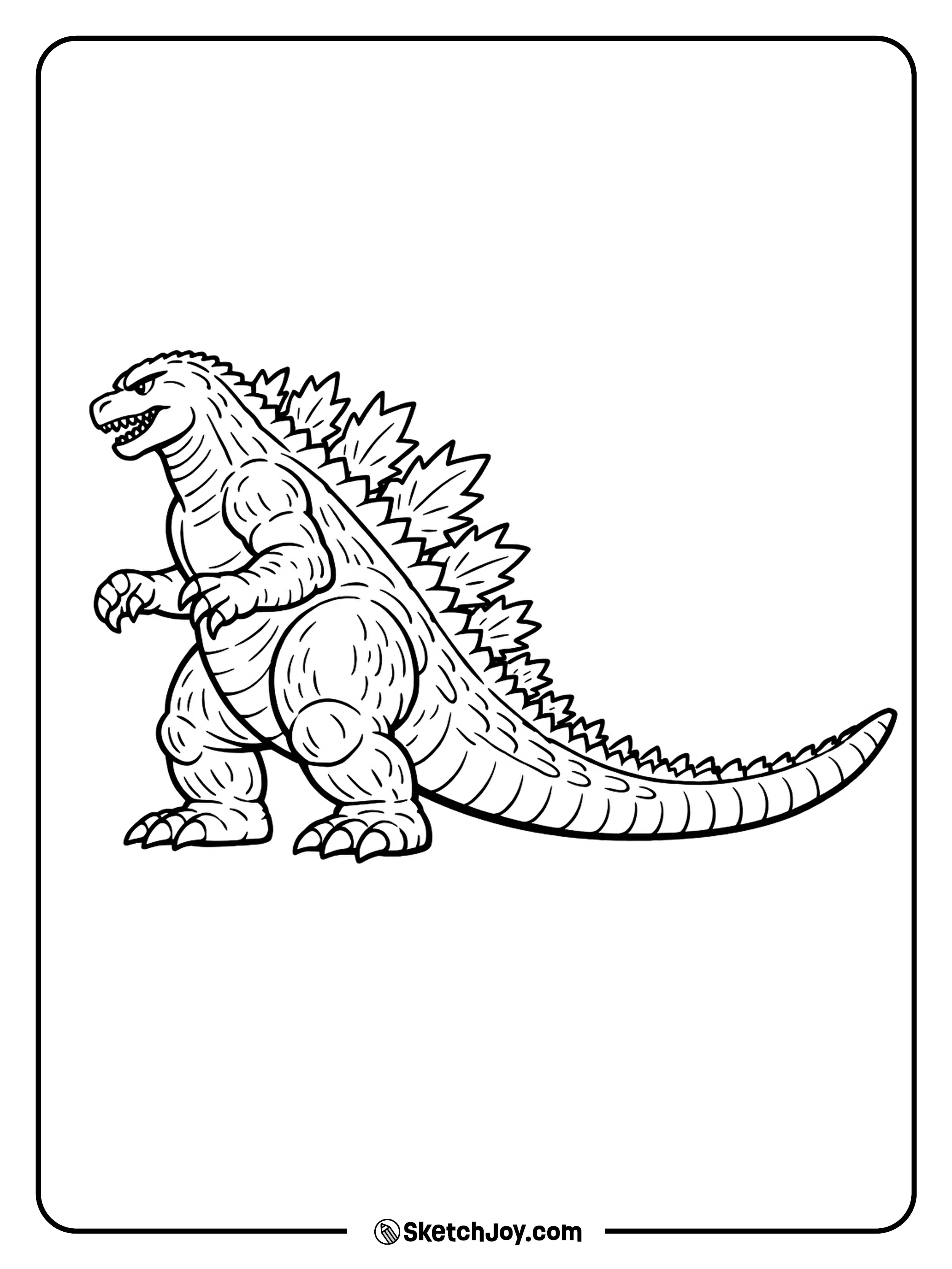 Godzilla stands in side view with bold spikes and a long tail.