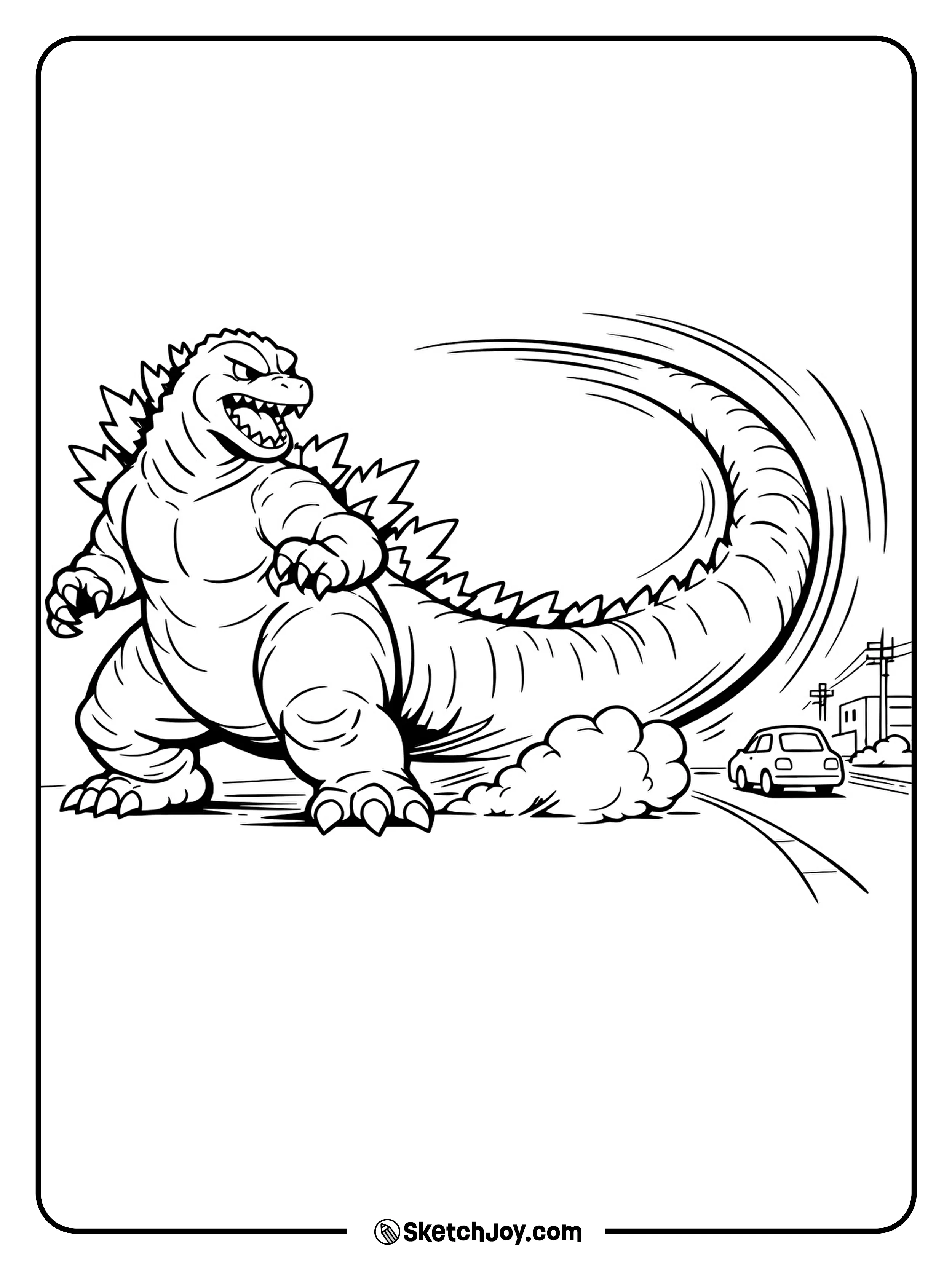 Godzilla swings his tail as dust puffs rise on the street.