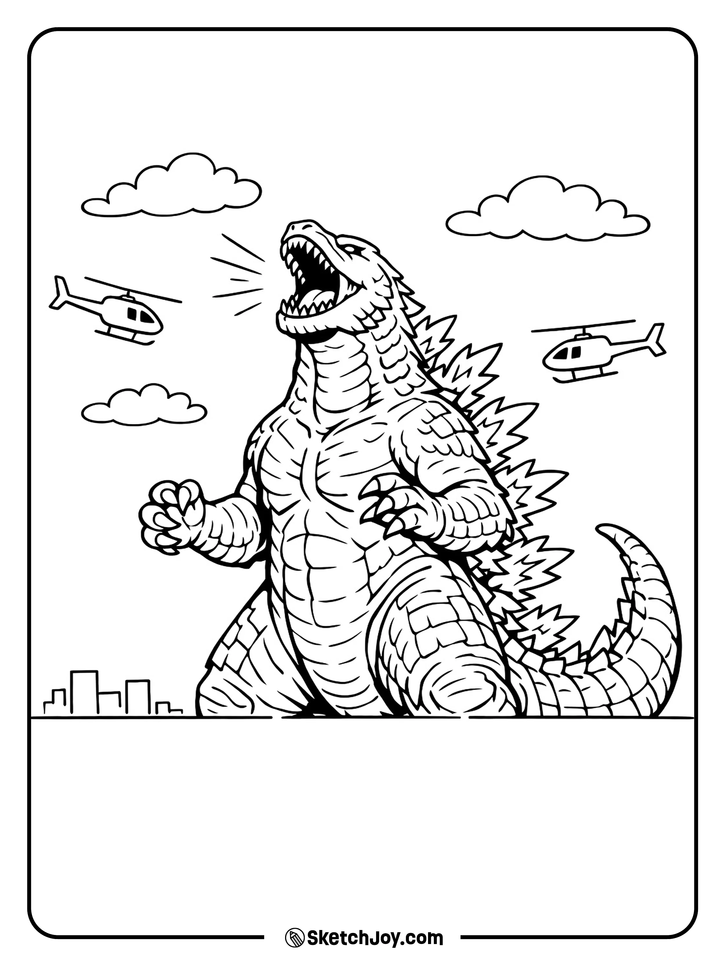Godzilla looks up as helicopters fly in a simple sky.