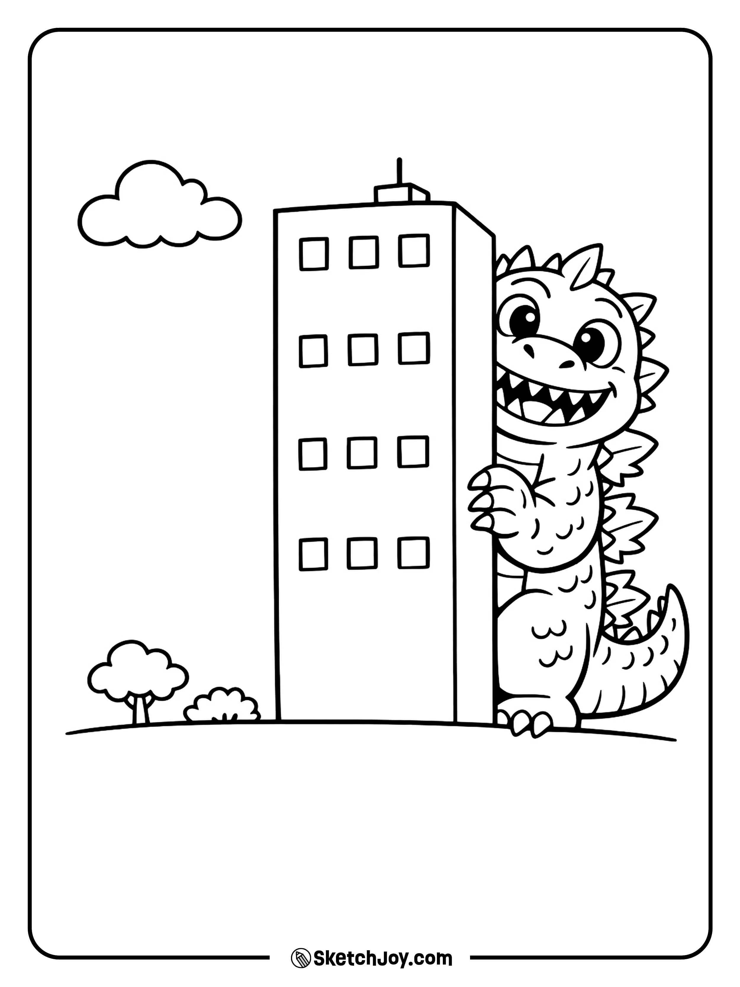 Godzilla peeks around a tall building with a playful look.