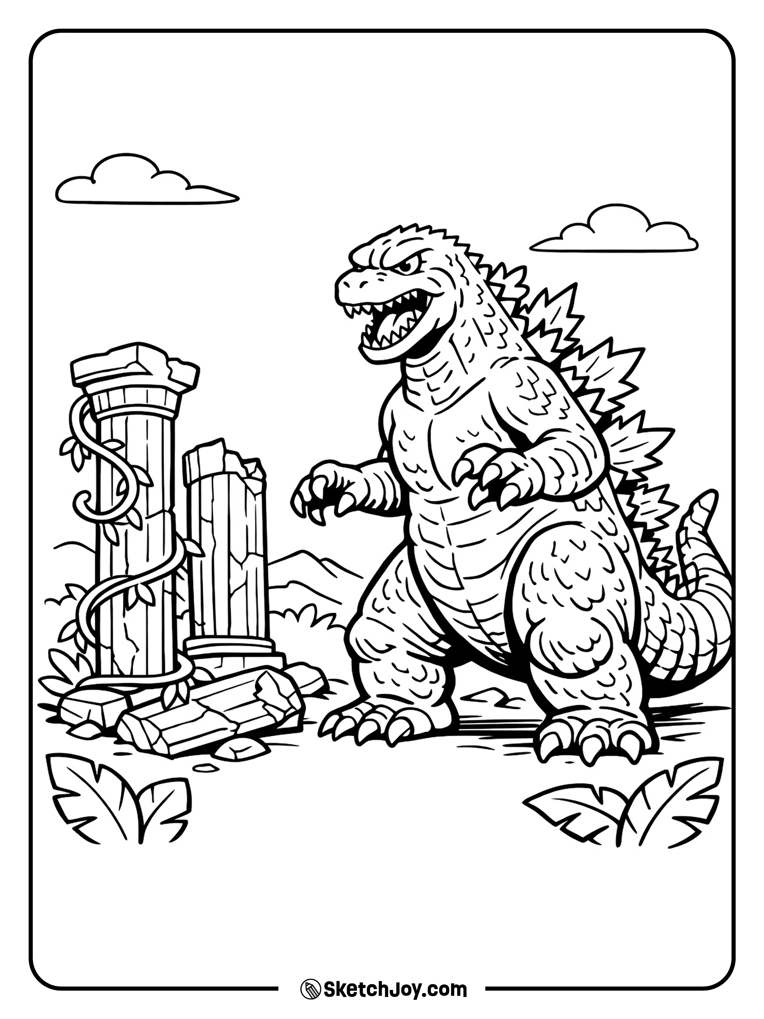 Godzilla stands near broken stone columns and vines.