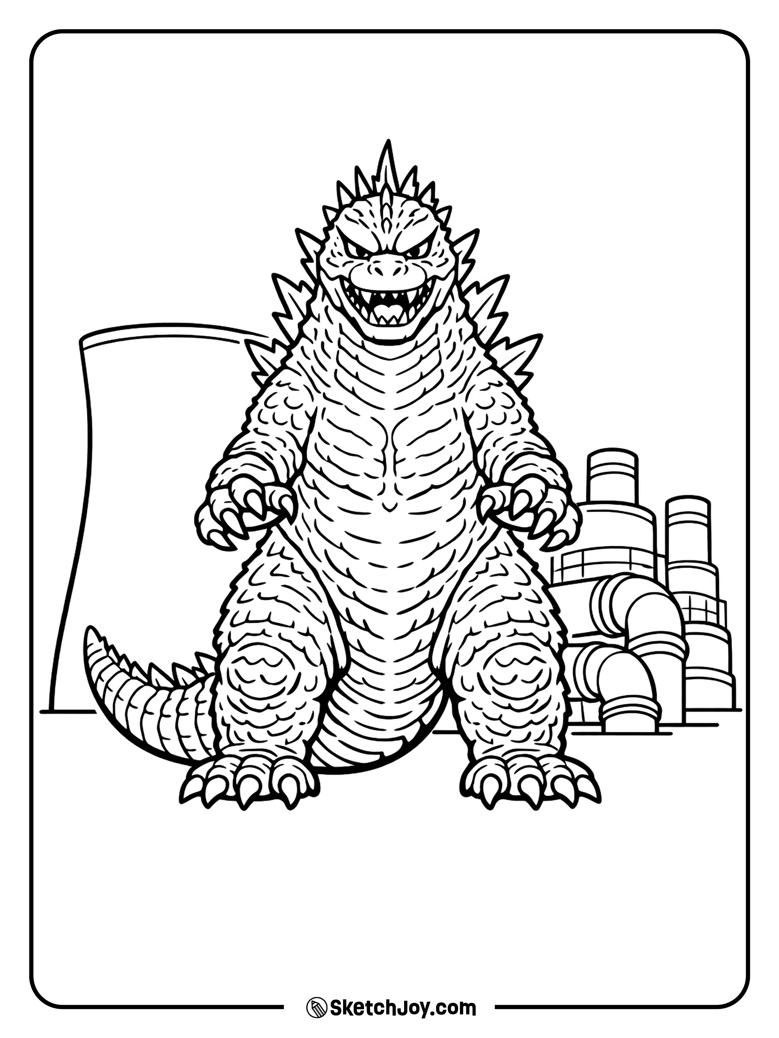Godzilla stands near big pipes and a cooling tower shape.