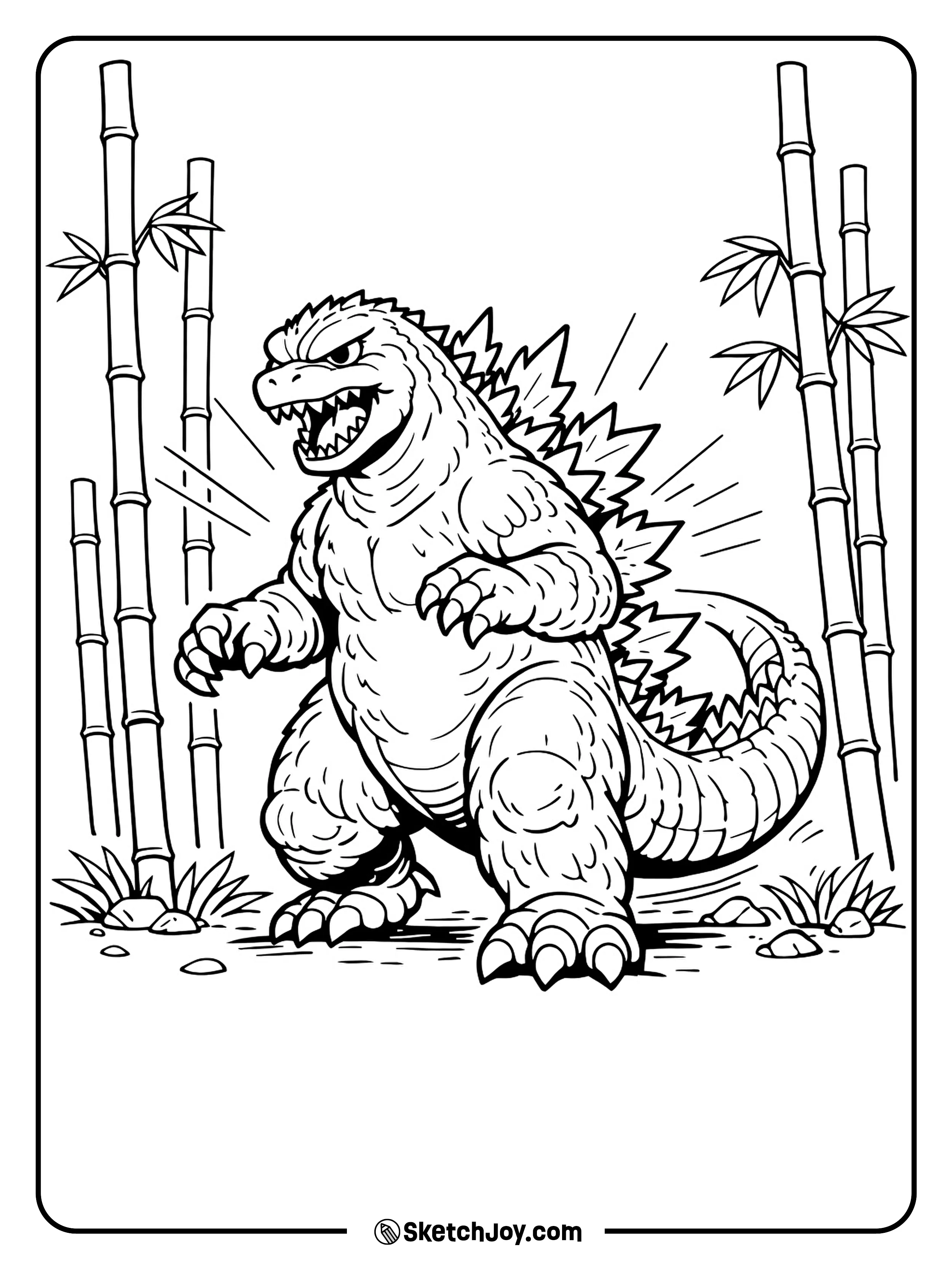 Godzilla steps through bamboo with a calm, quiet vibe.