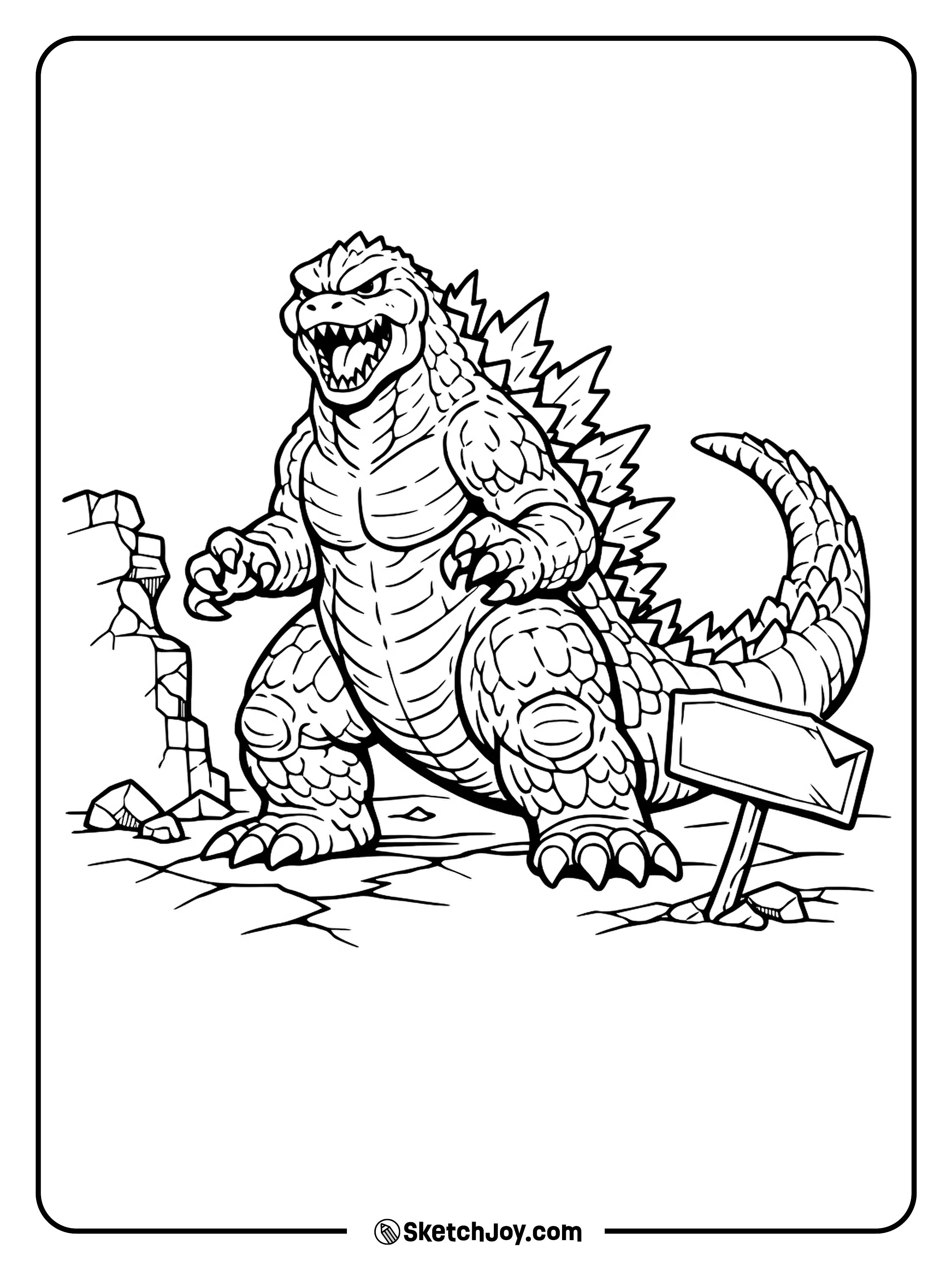 Godzilla stands among simple ruined walls and broken street signs.