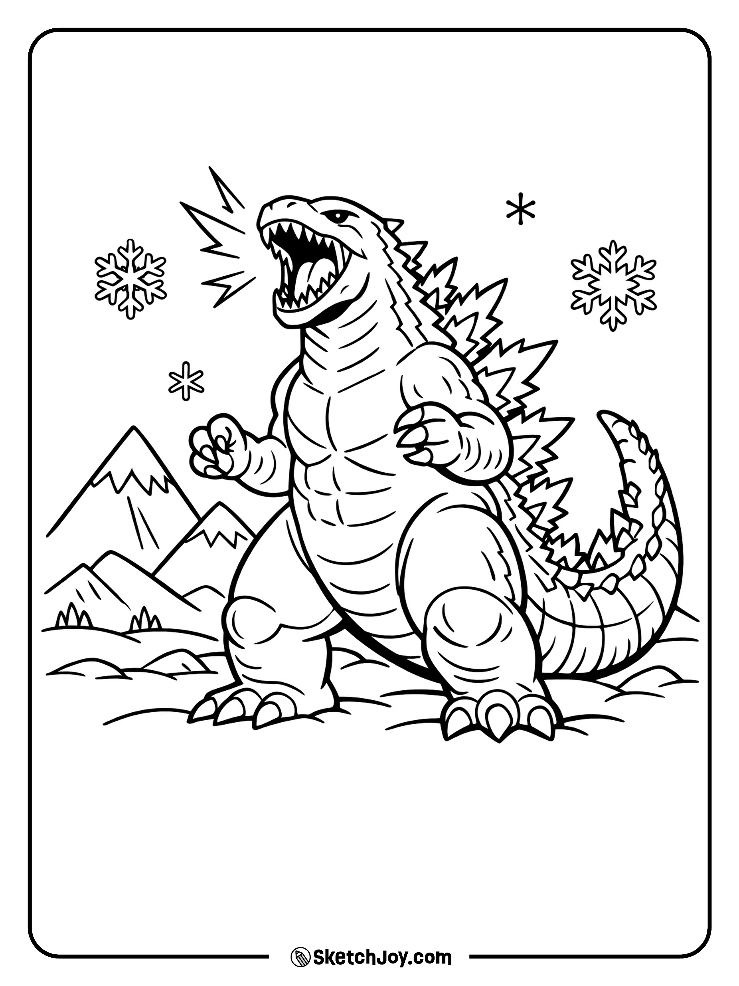 Godzilla stands on snow with mountains behind him.