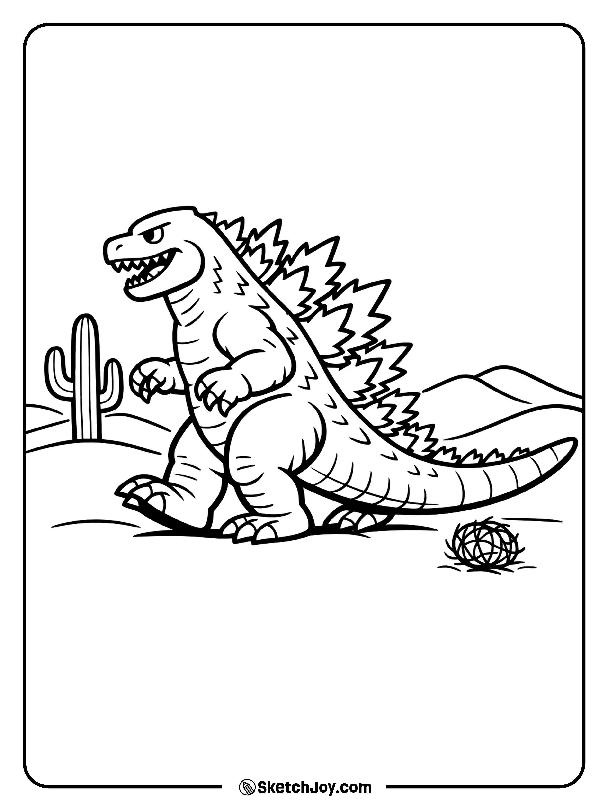 Godzilla walks past dunes with a single cactus nearby.