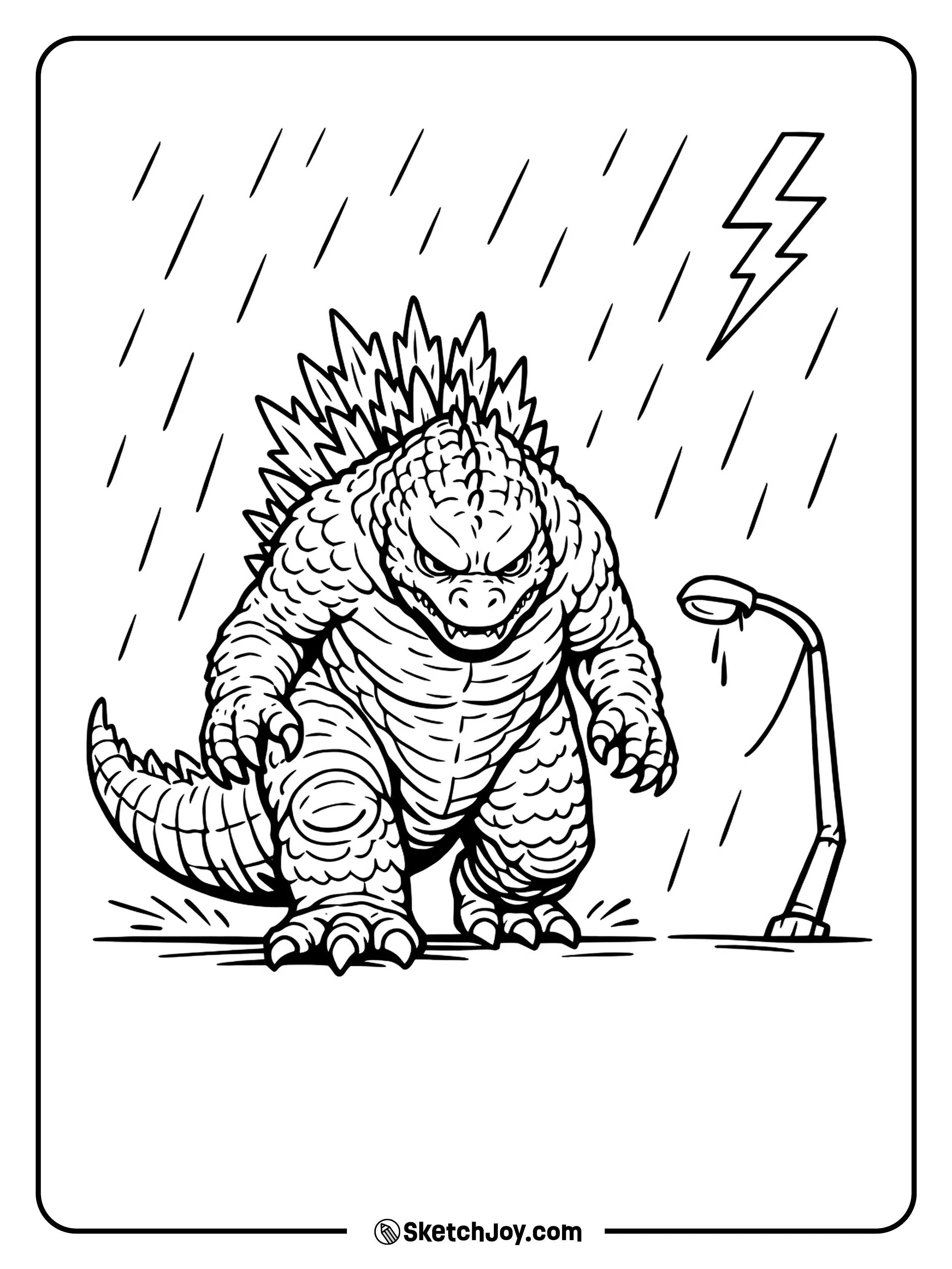Godzilla walks through rain with lightning far behind him.
