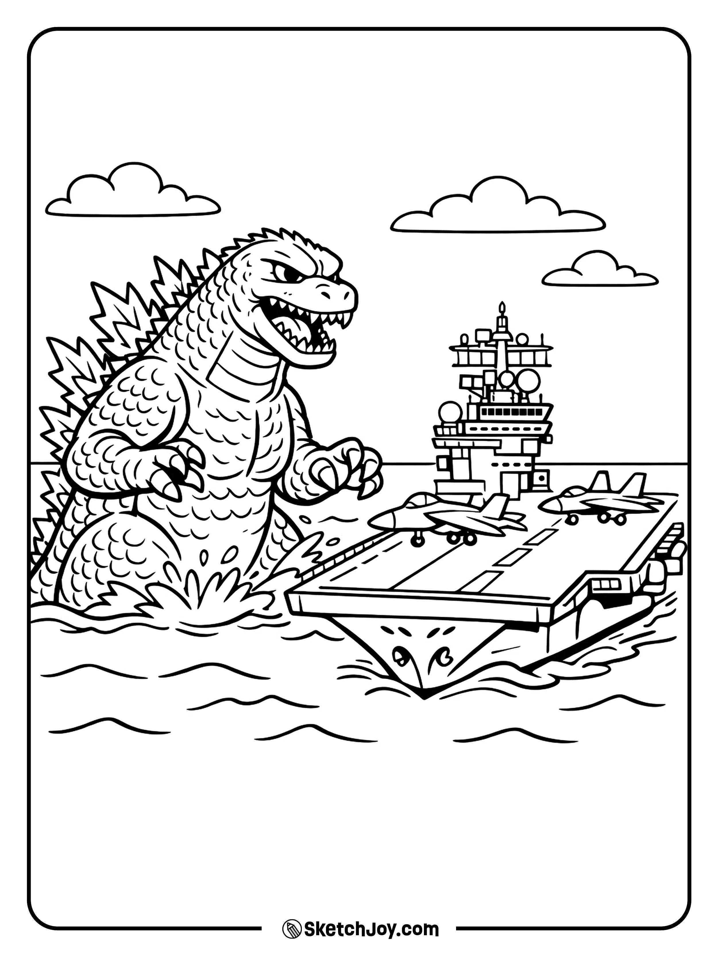 Godzilla towers over a ship deck with planes lined up.