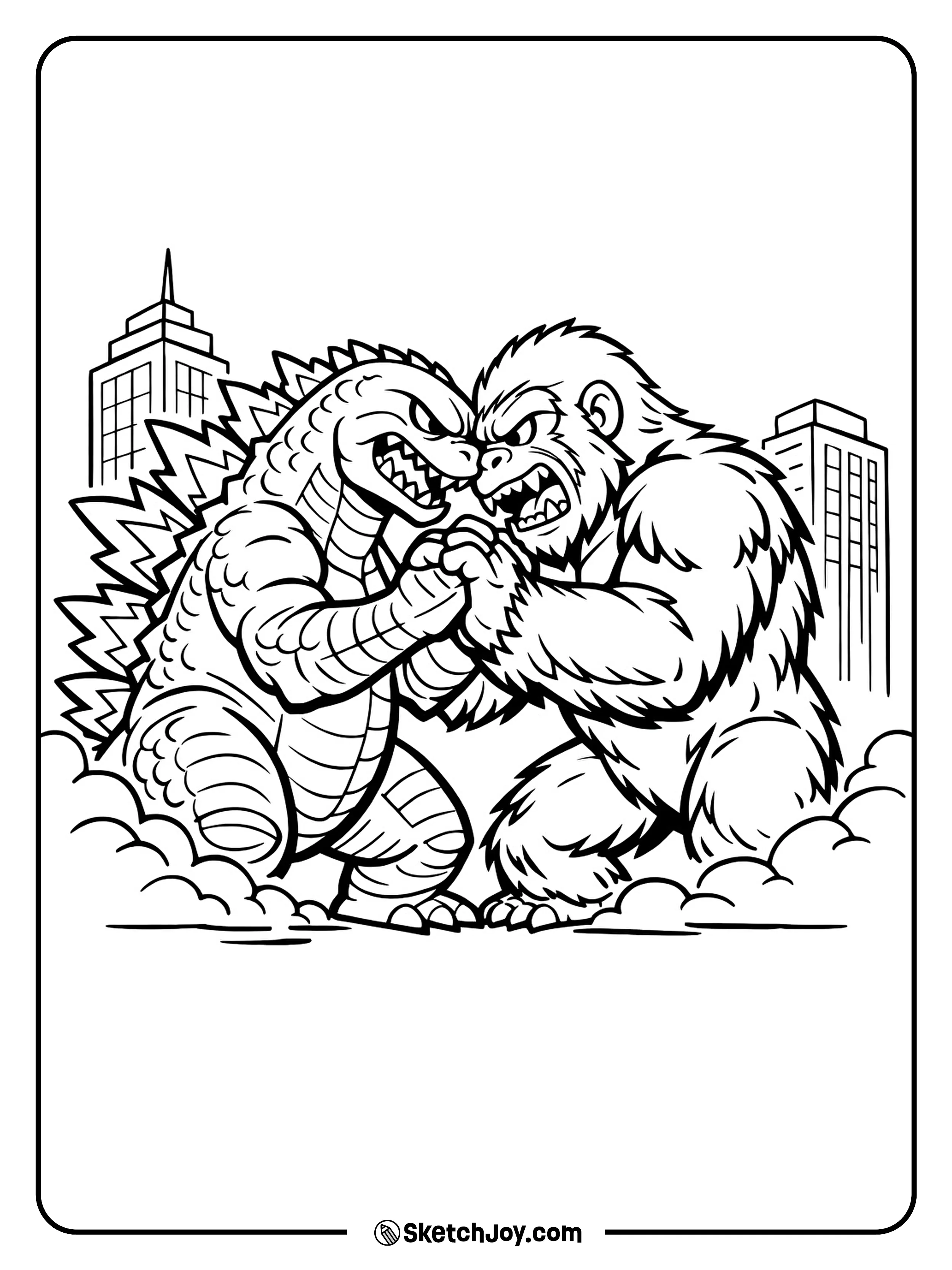 Godzilla grapples with a giant ape while a simple skyline frames the fight.