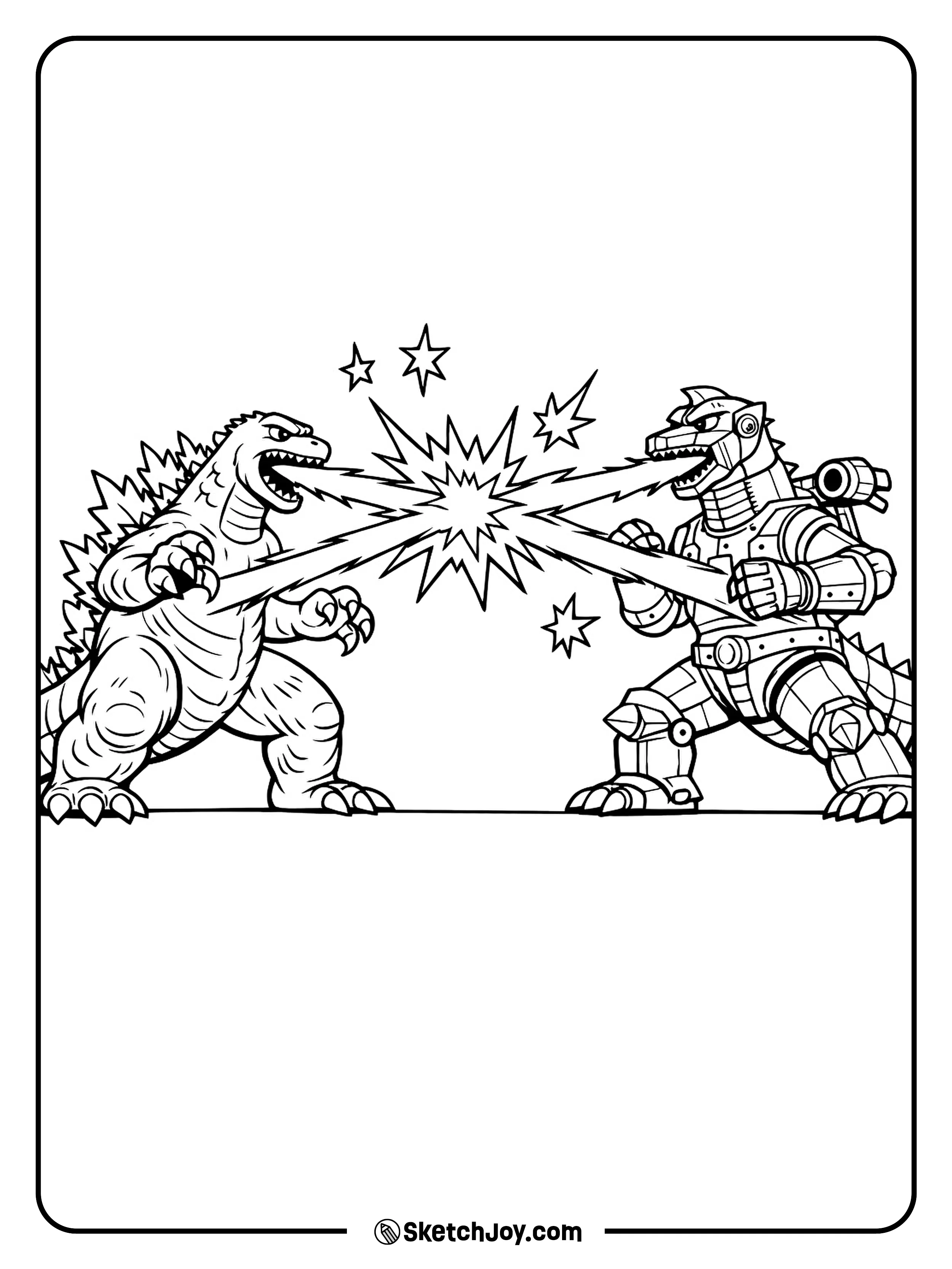 Godzilla and the robot trade blasts with simple sparks in the air.