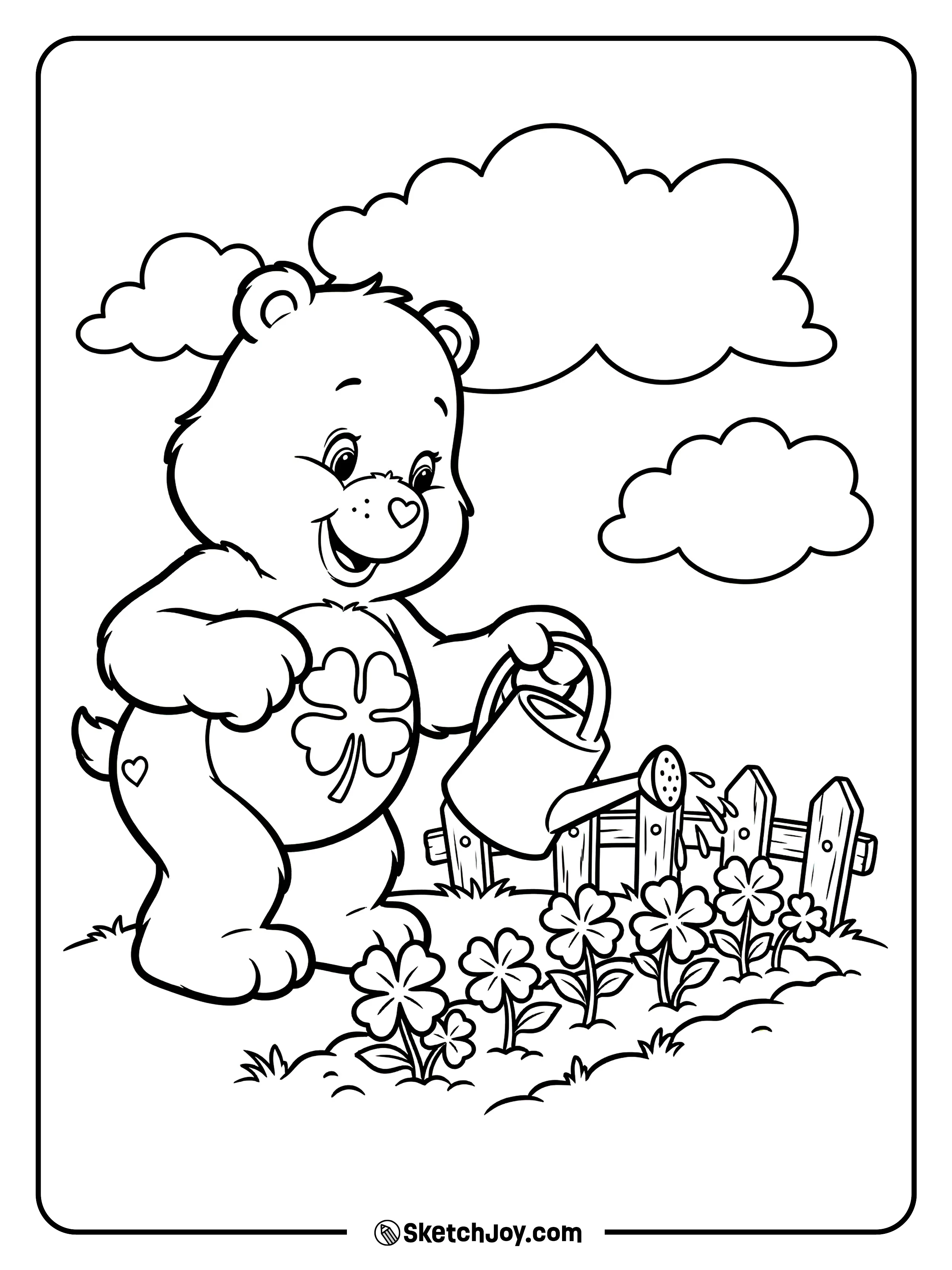 Good Luck Bear waters a small patch of clovers.