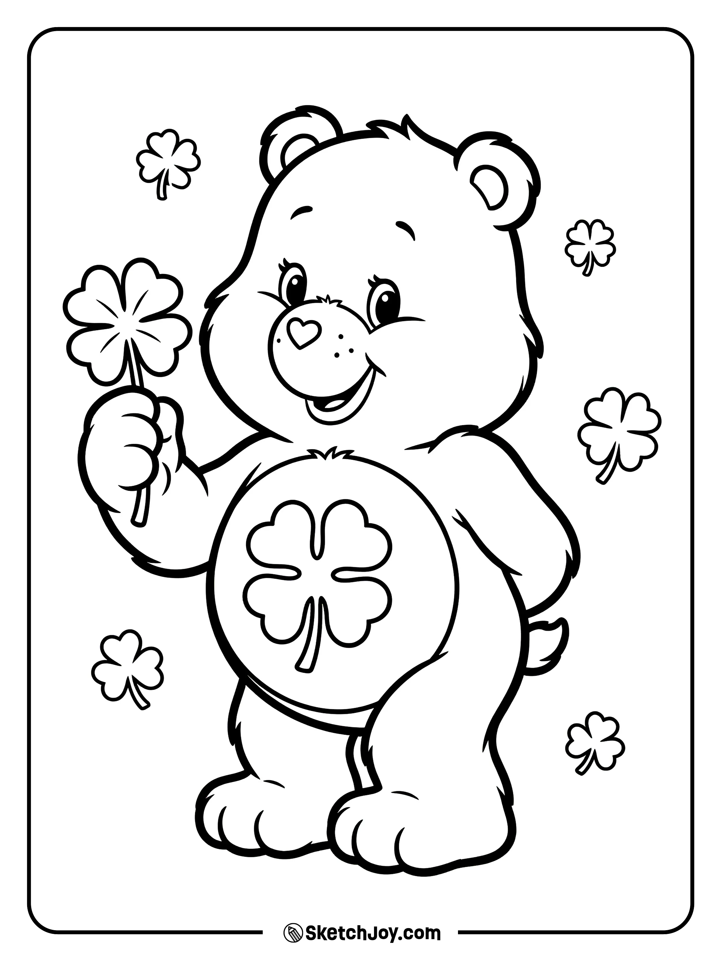 Good Luck Bear holds up a clover and smiles.