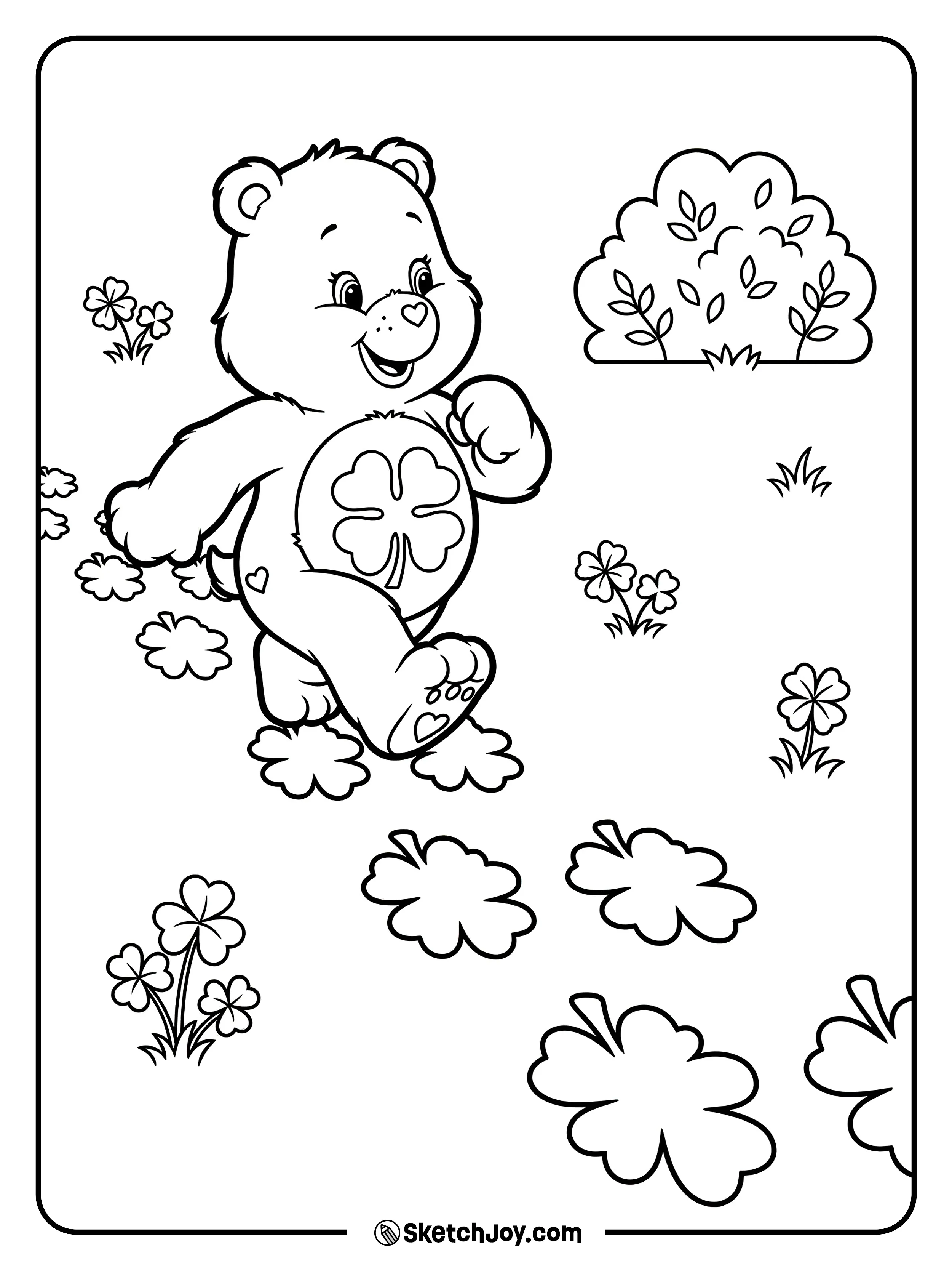 Good Luck Bear follows a trail of clover prints.