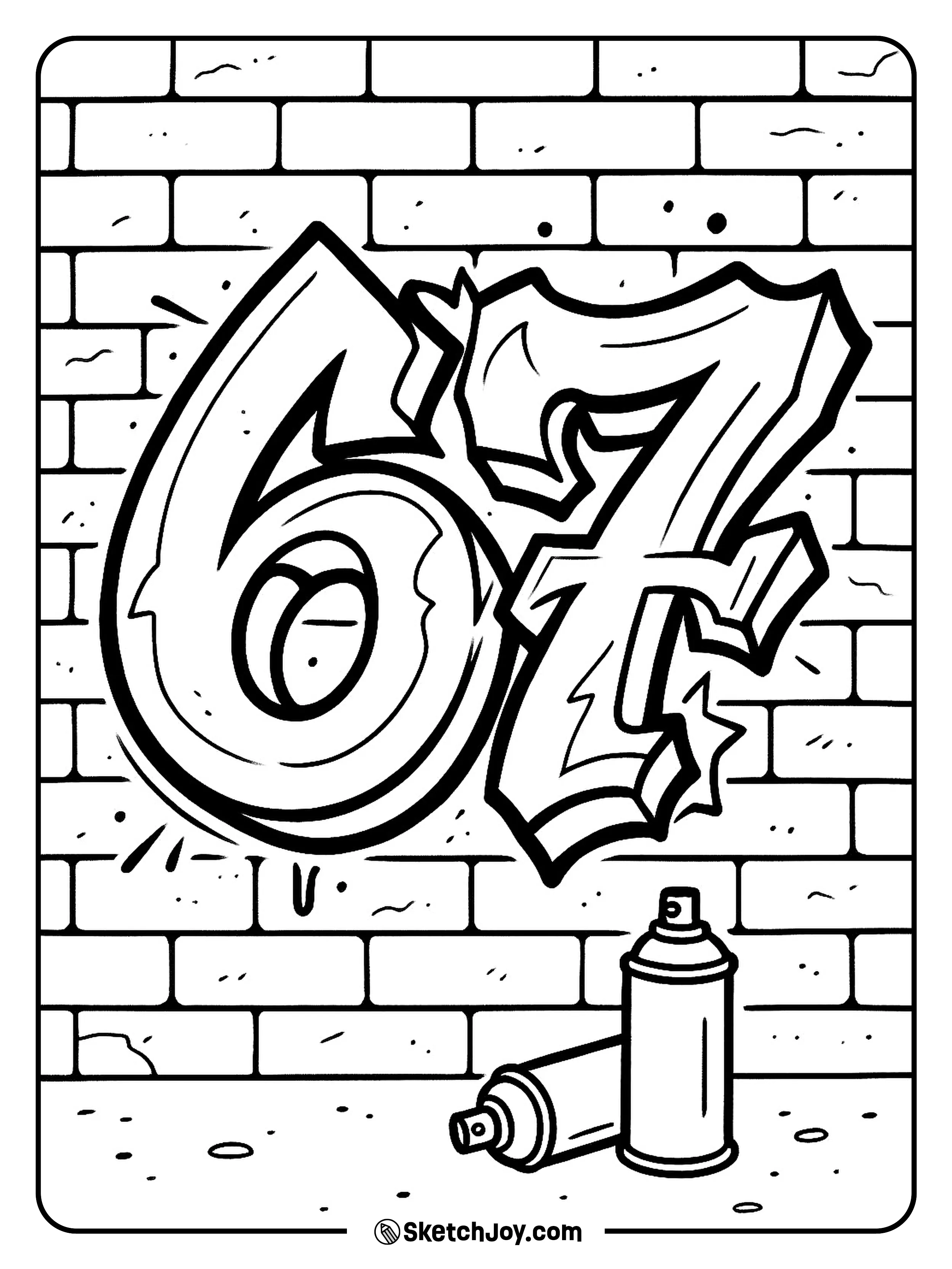 Bold graffiti-style 67 pops from a brick wall while two spray cans rest on the ground in front.