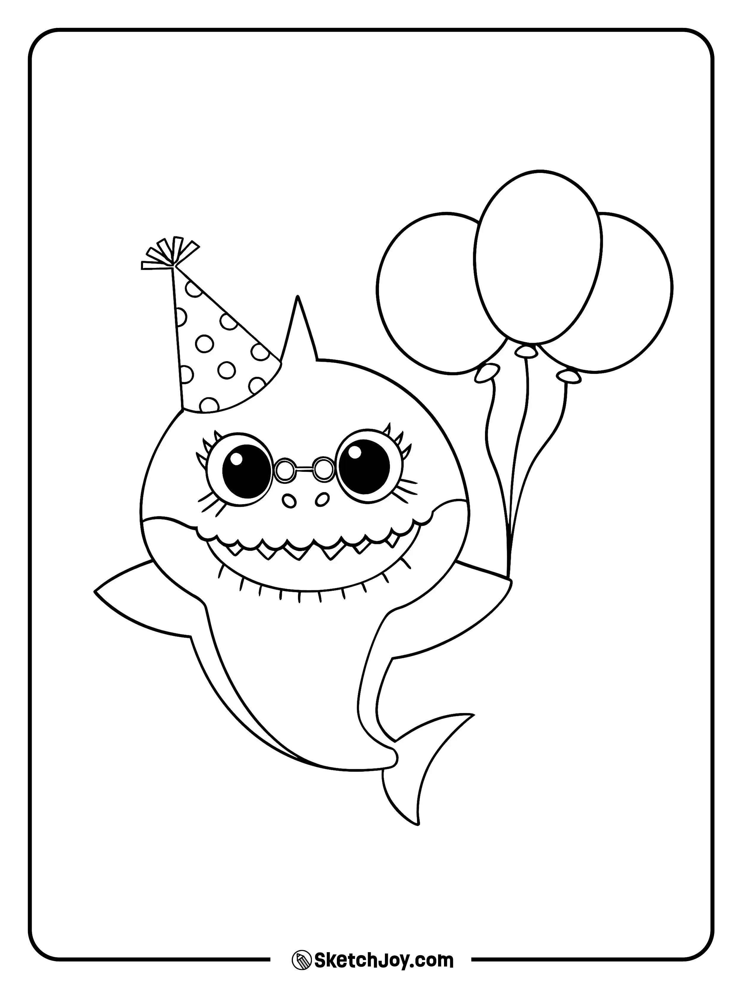 Grandma Shark wears glasses and a party hat while holding balloons.