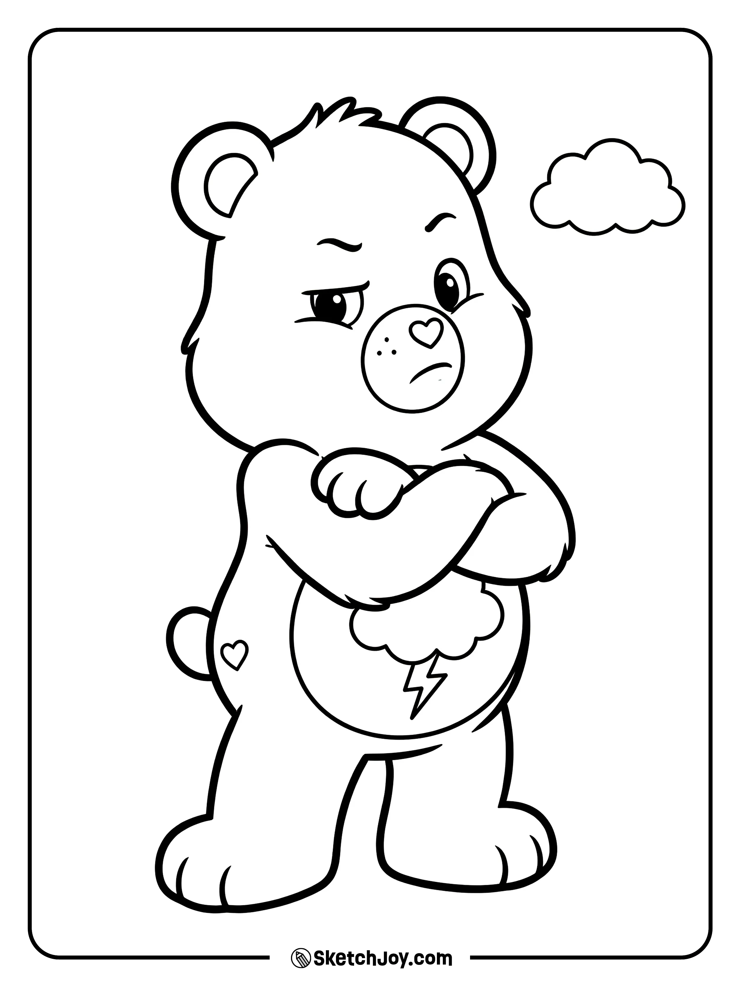 Grumpy Bear stands with crossed arms and a classic frown.