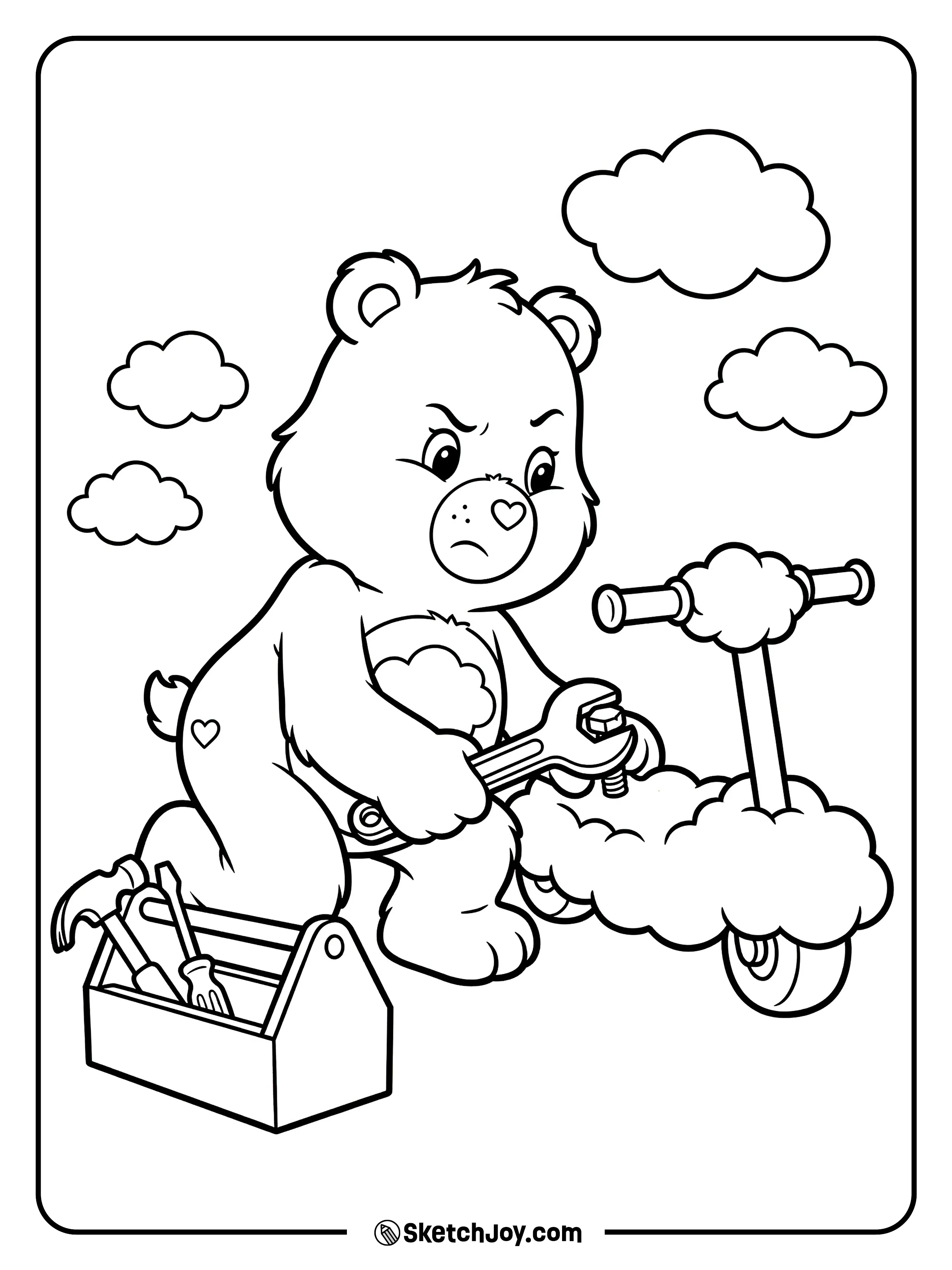 Grumpy Bear uses a wrench to fix a small cloud scooter.