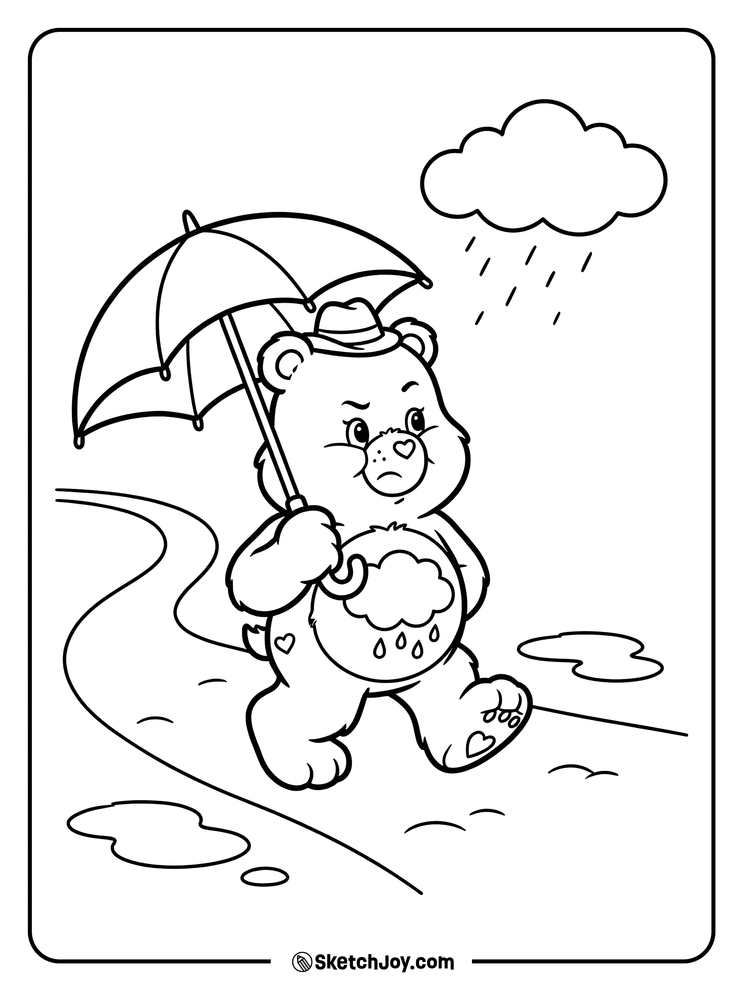 Grumpy Bear walks with an umbrella under tiny rain drops.