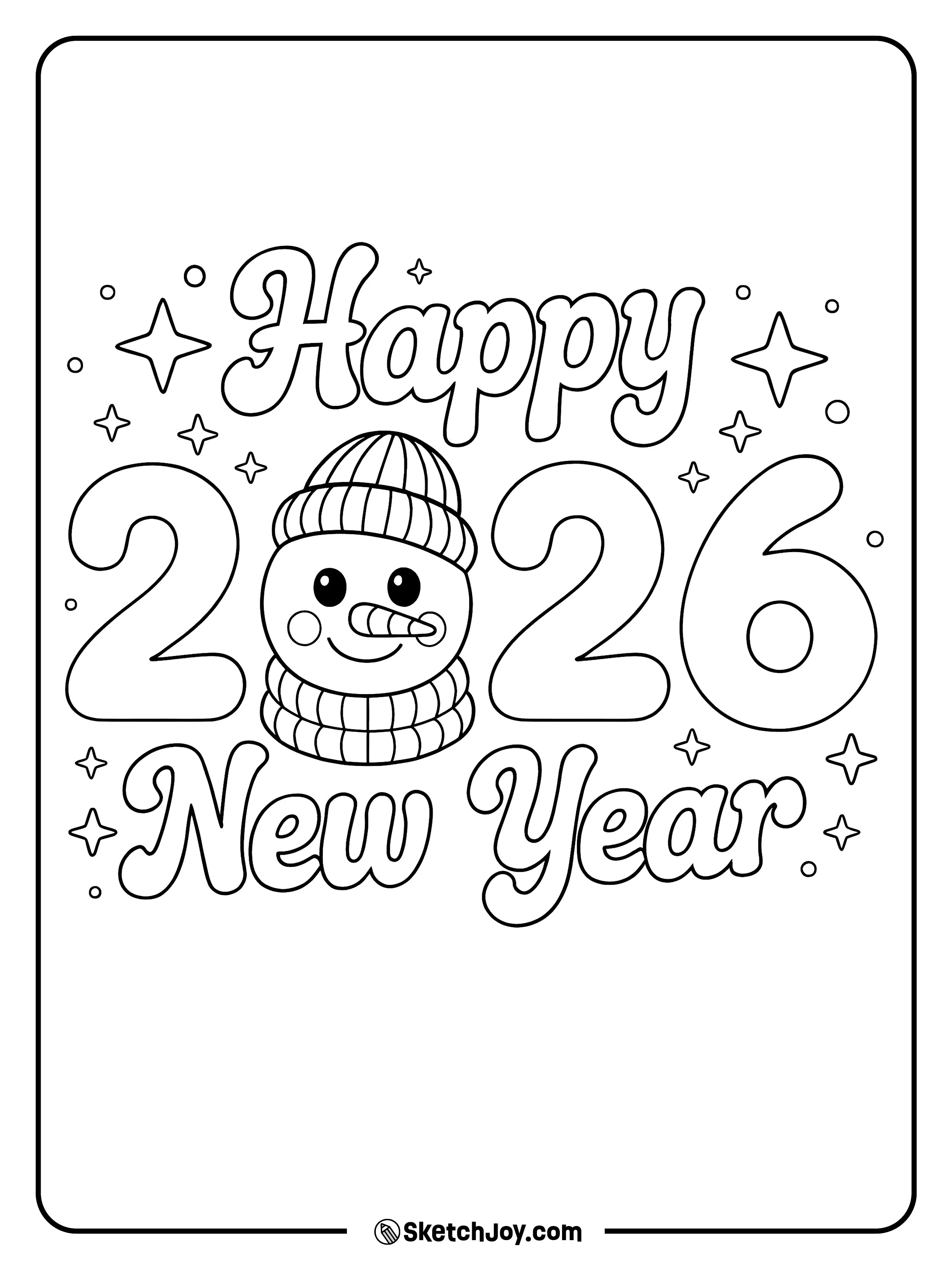 A cozy snowman sits inside the 0 in 2026 with stars around the message.