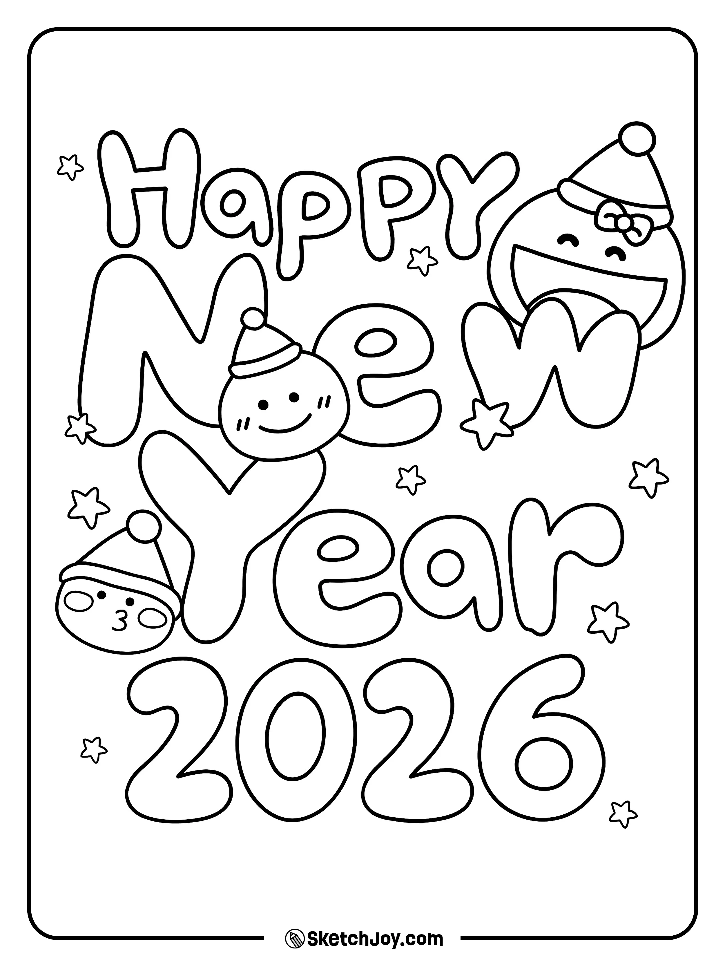 Big bubble words say Happy New Year 2026 with cute faces and little stars.