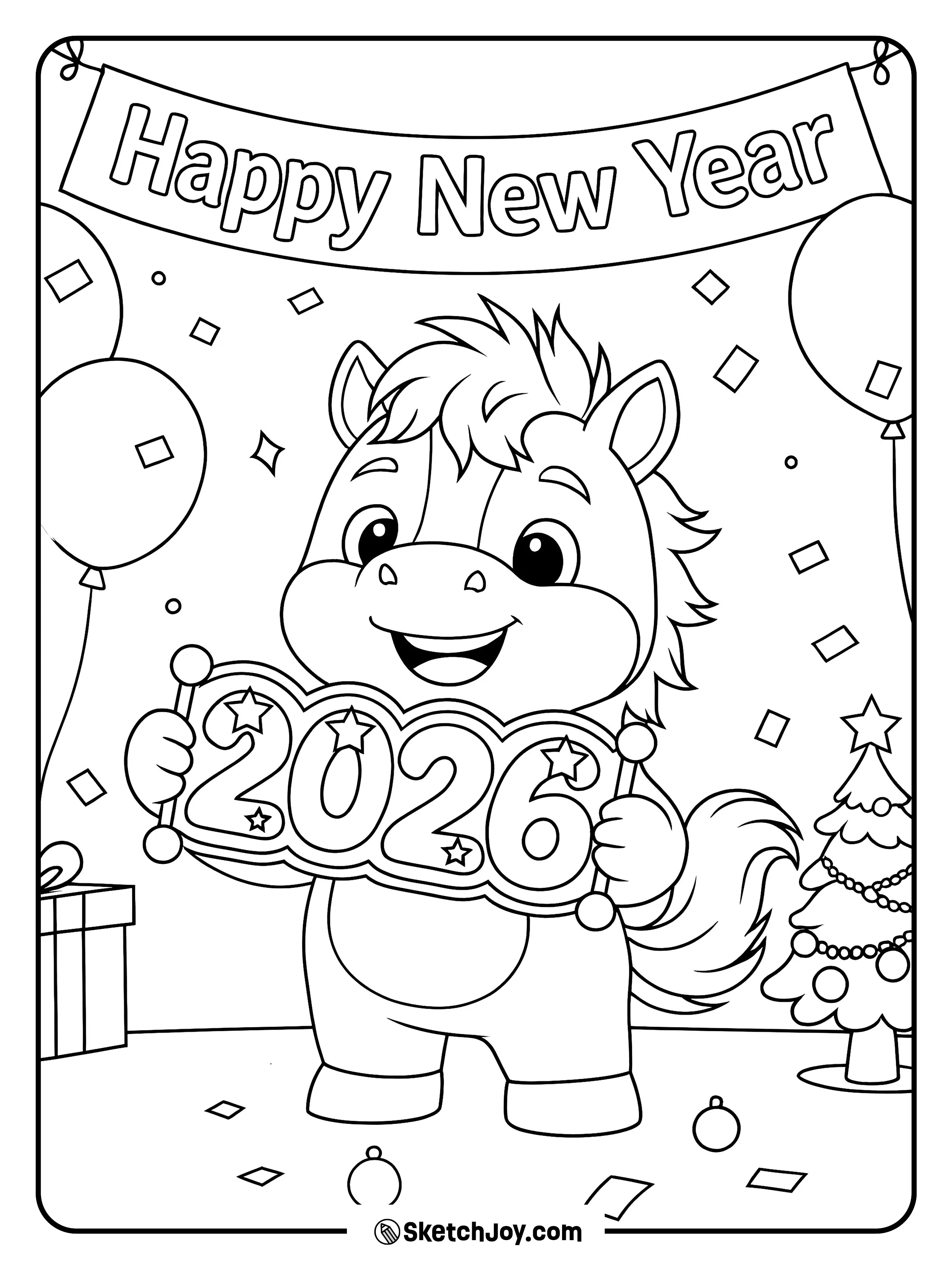 A cute pony smiles while holding a big 2026 sign under a Happy New Year banner.