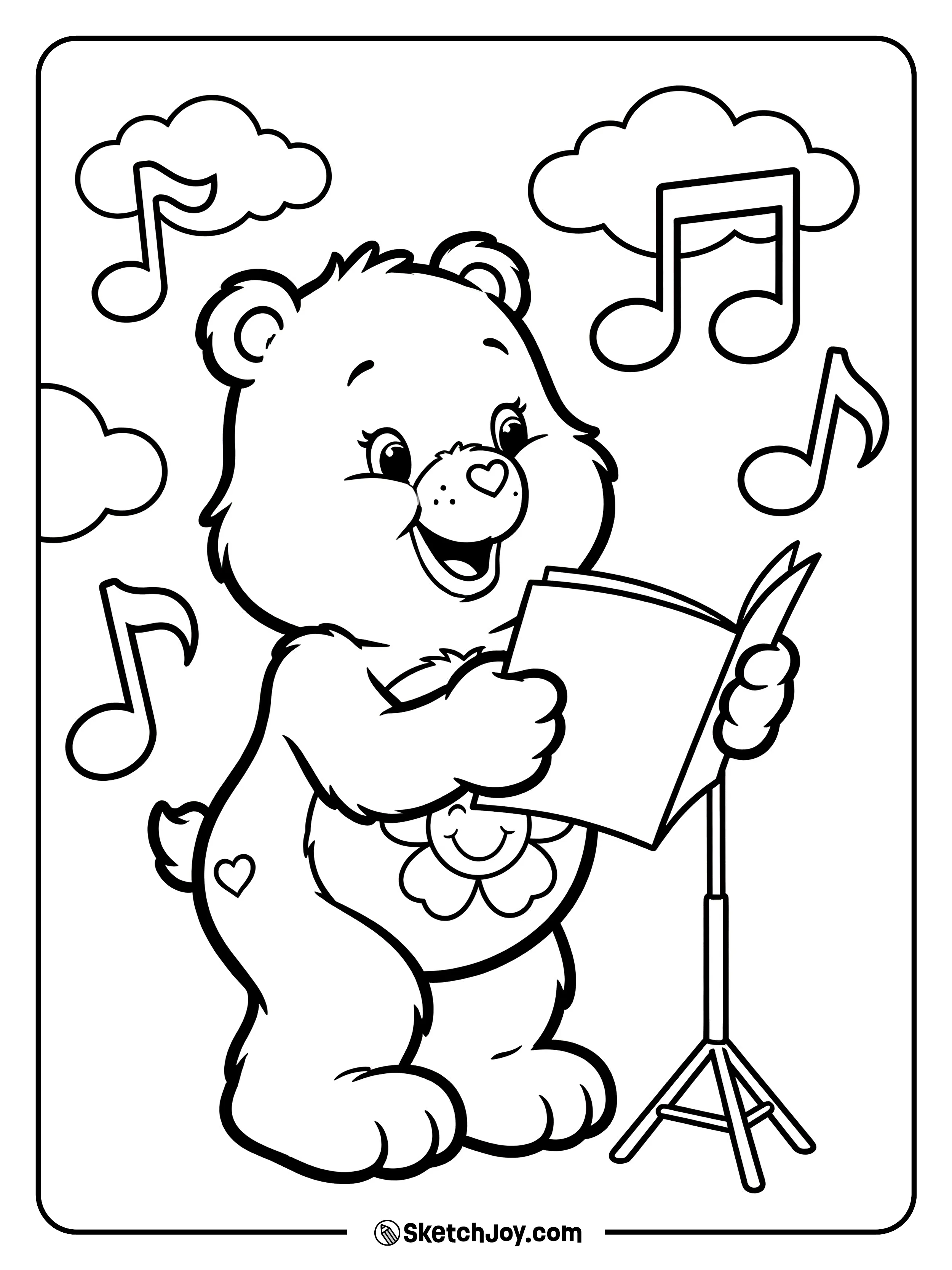 Harmony Bear leads a small sing-along with music sheets.