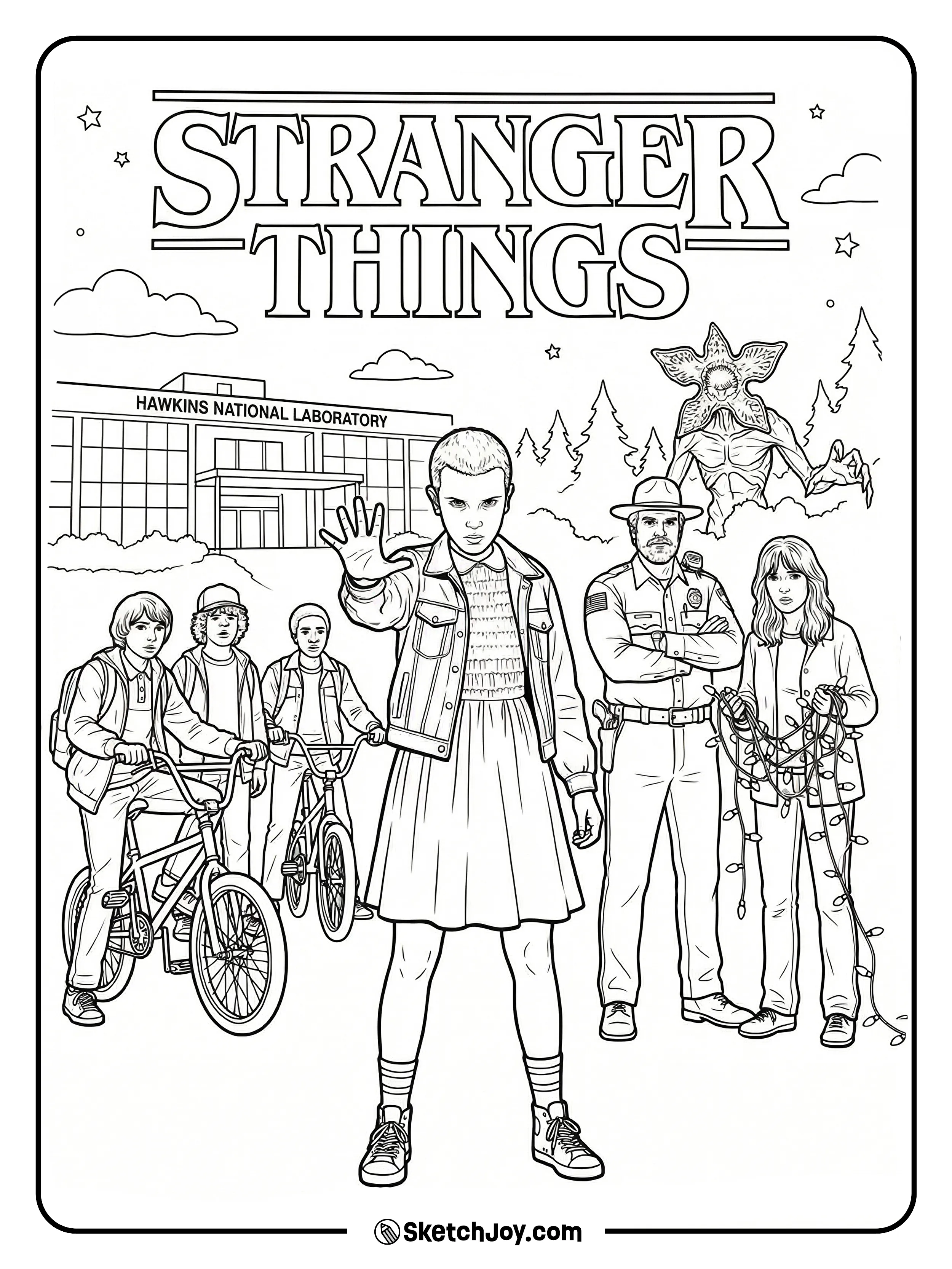 Eleven, Hopper, Joyce, and the boys on bikes gather near Hawkins Lab while a Demogorgon rises behind them.