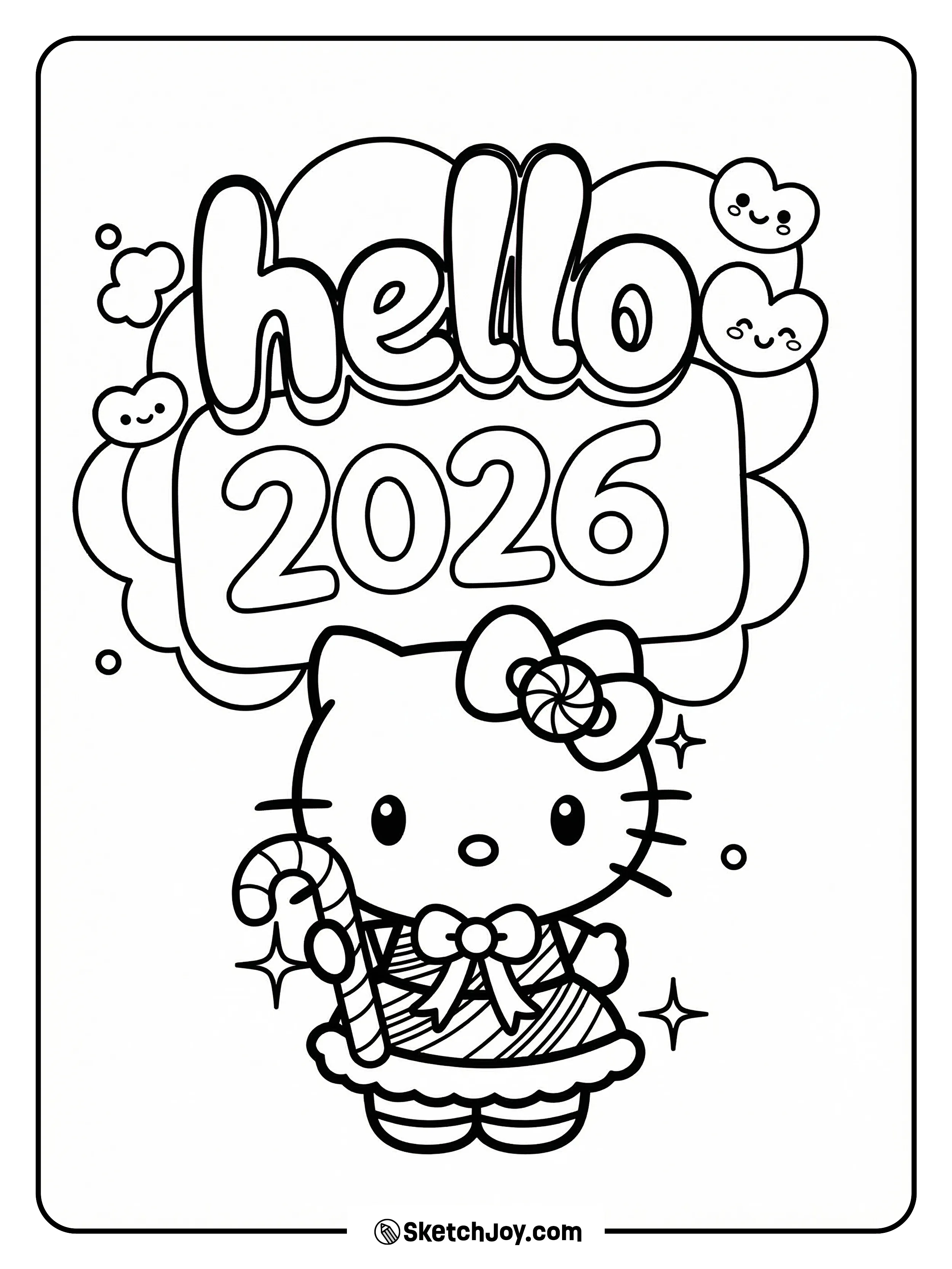 A sweet kitty character holds a candy cane under a big “hello 2026” sign with tiny clouds.