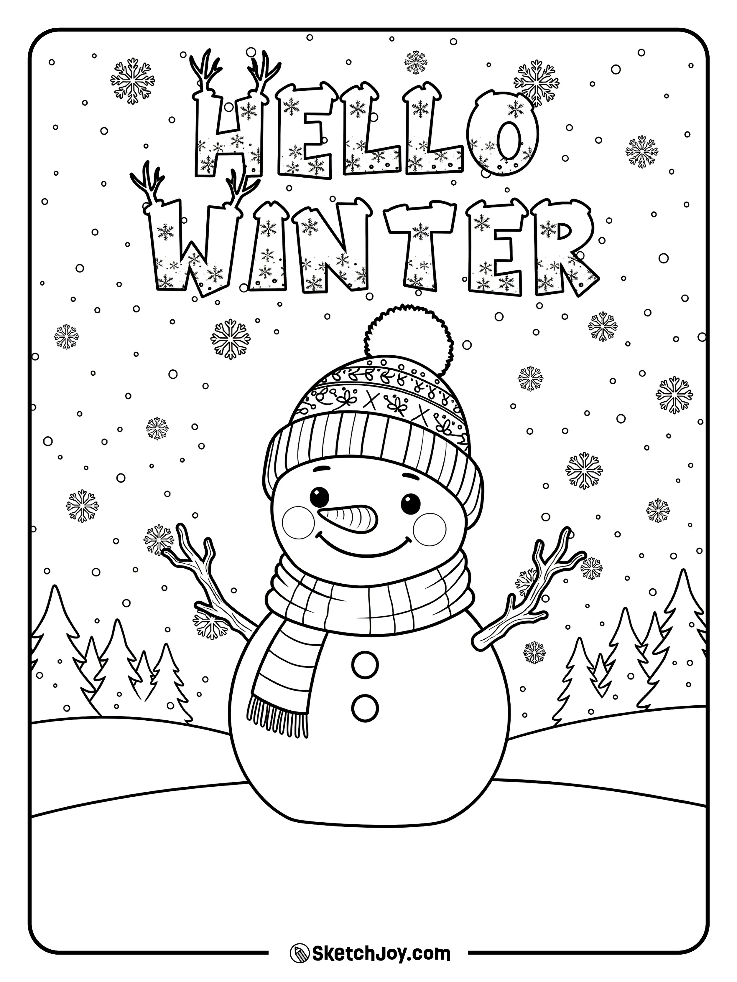 A smiling snowman waves under big “HELLO WINTER”