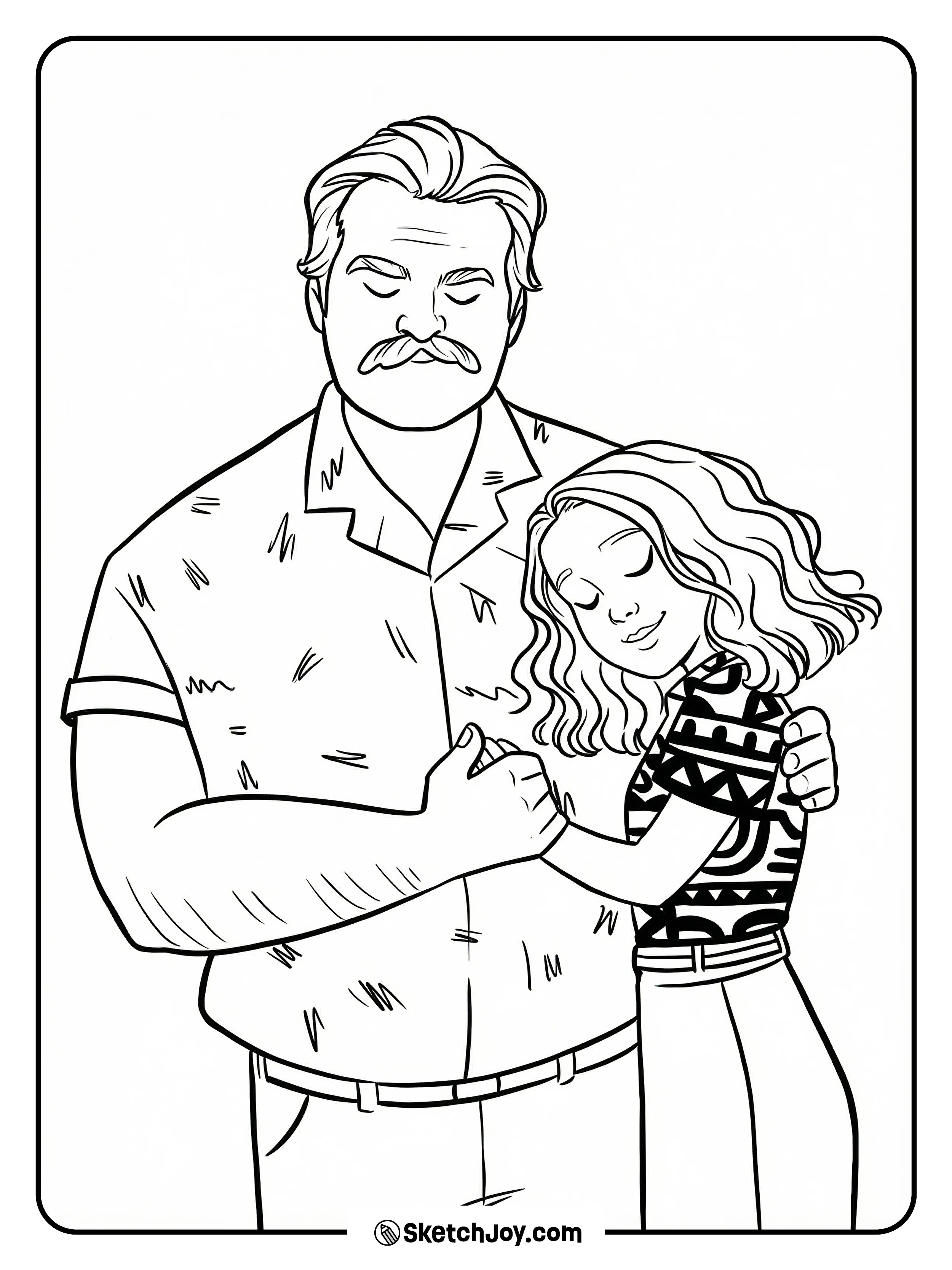 Hopper holds Eleven close as she rests her head on his chest with a calm, happy smile.