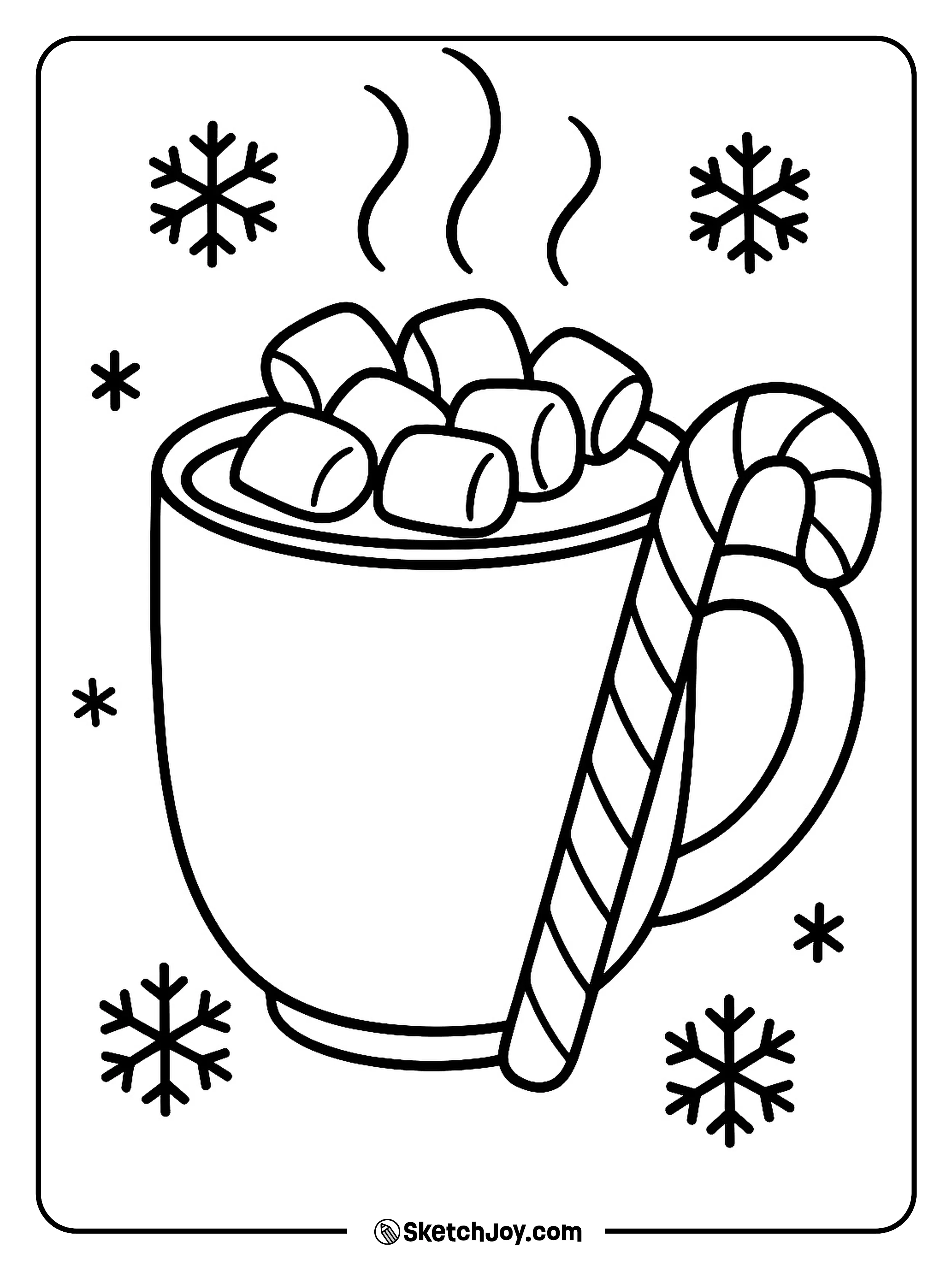 A big mug of cocoa steams with marshmallows on top.