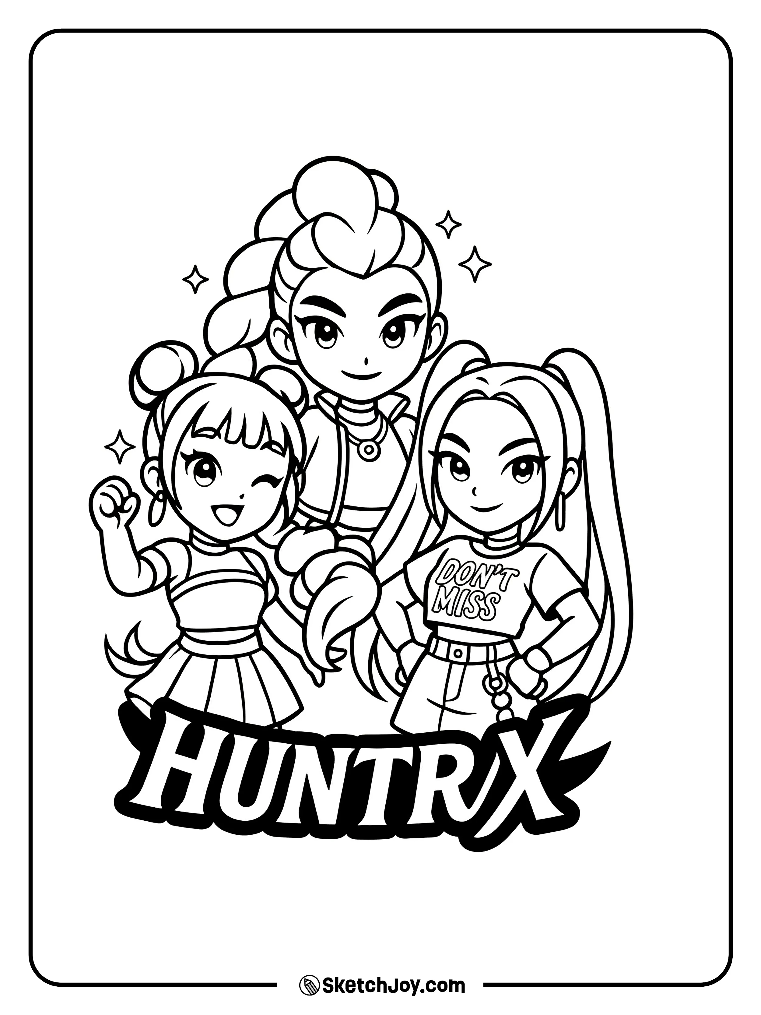 Zoey, Rumi, and Mira pose in chibi style with the Huntrix name in bold letters.