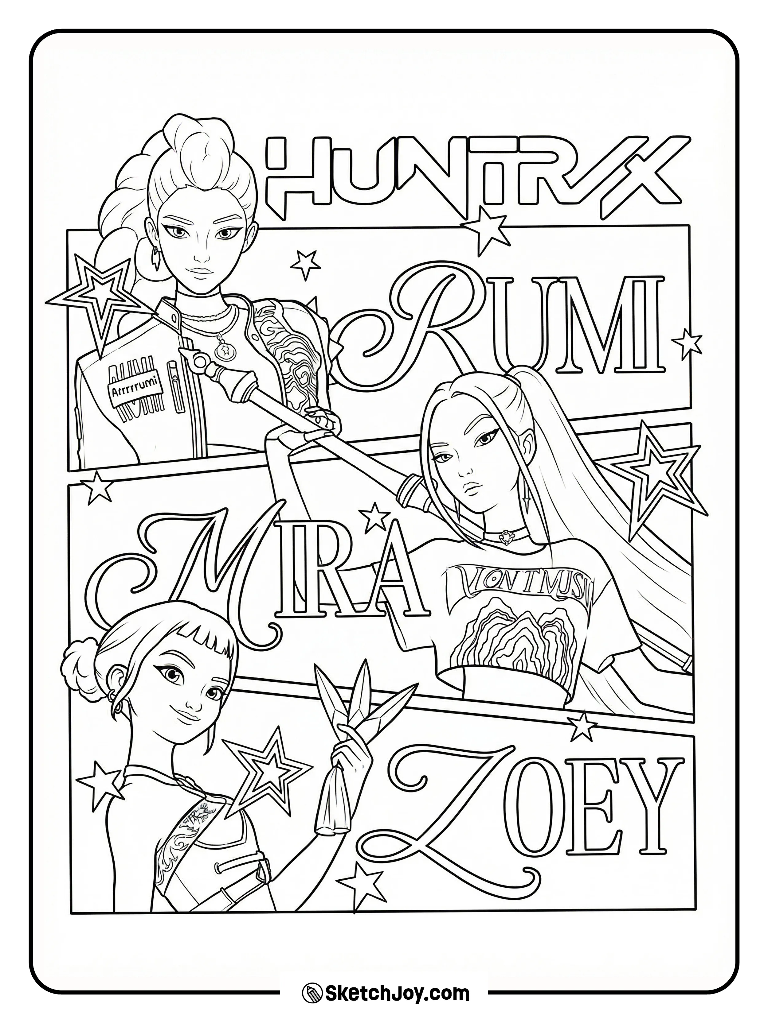 The Huntrix trio—Rumi, Mira, and Zoey—pose in a star badge with fun dot and star details.