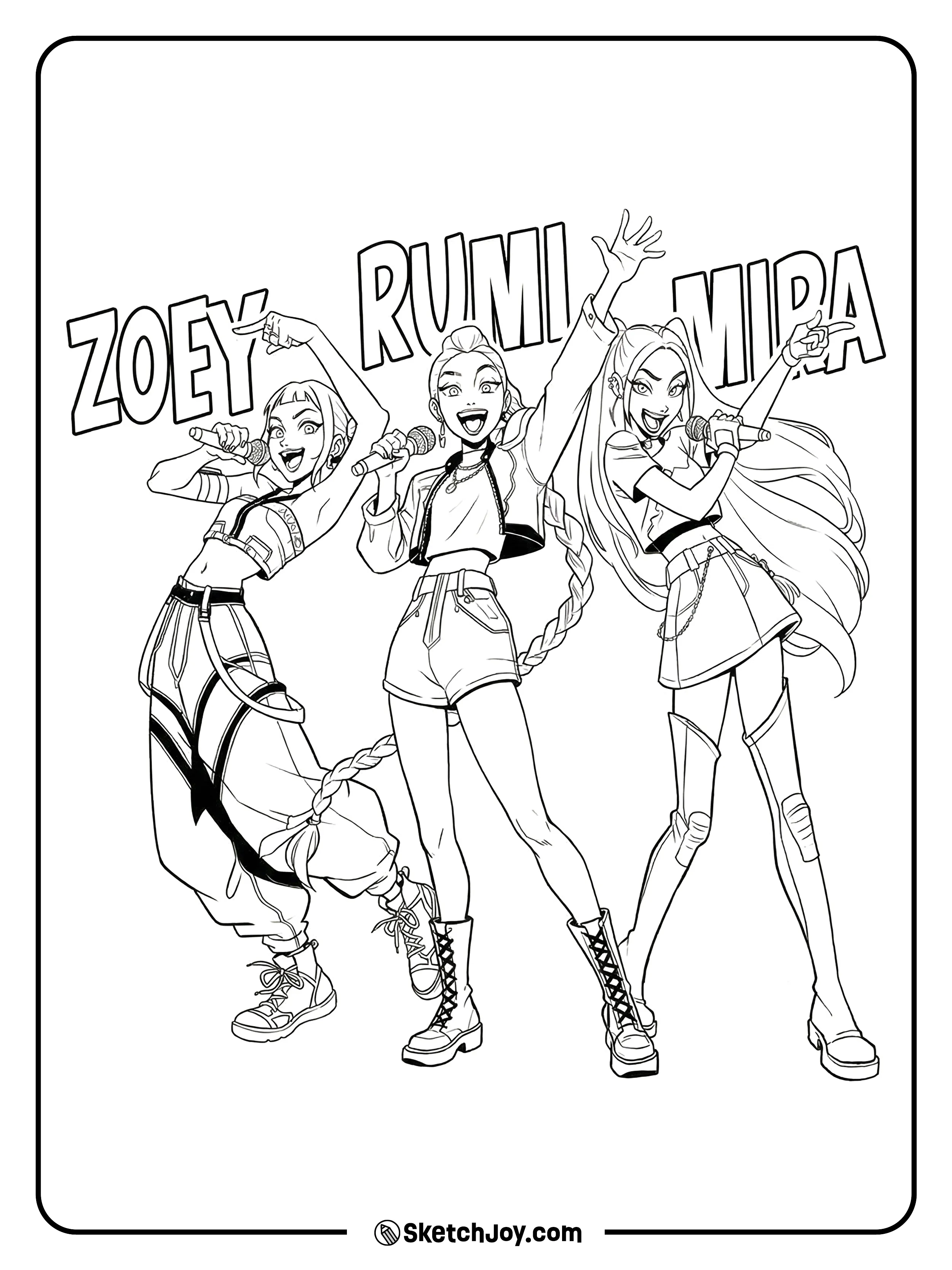 Zoey, Rumi, and Mira sing with microphones and throw their hands up like they’re on stage.