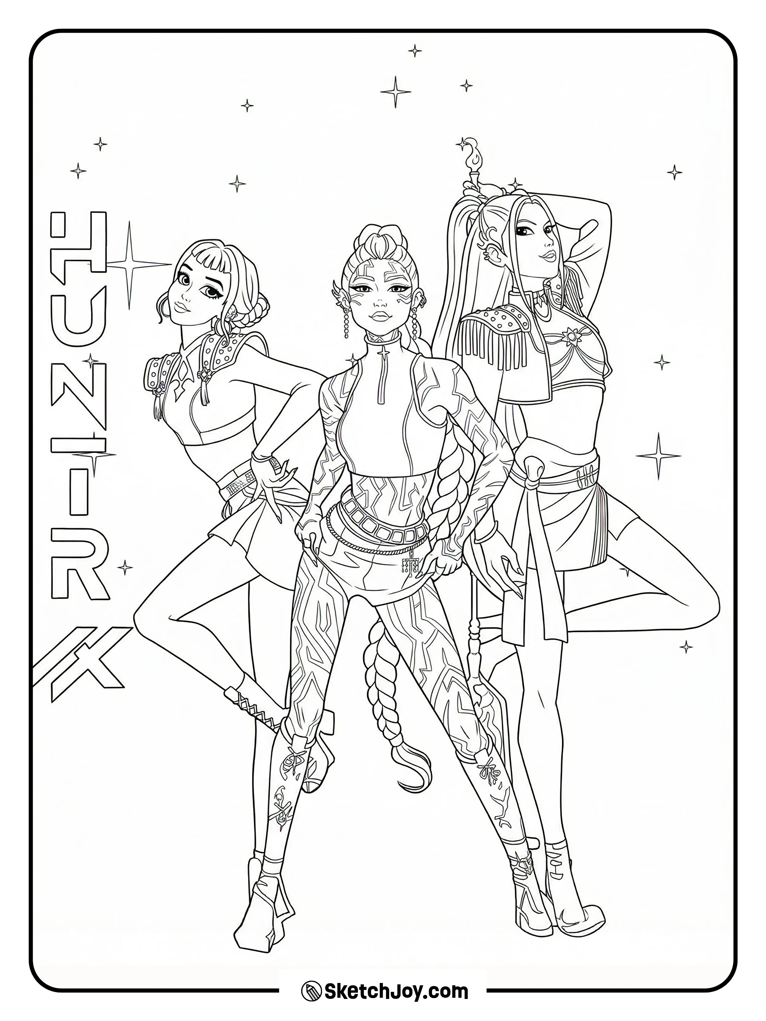 Rumi, Mira, and Zoey each get their own panel with stars and the HUNTRIX name at the top.