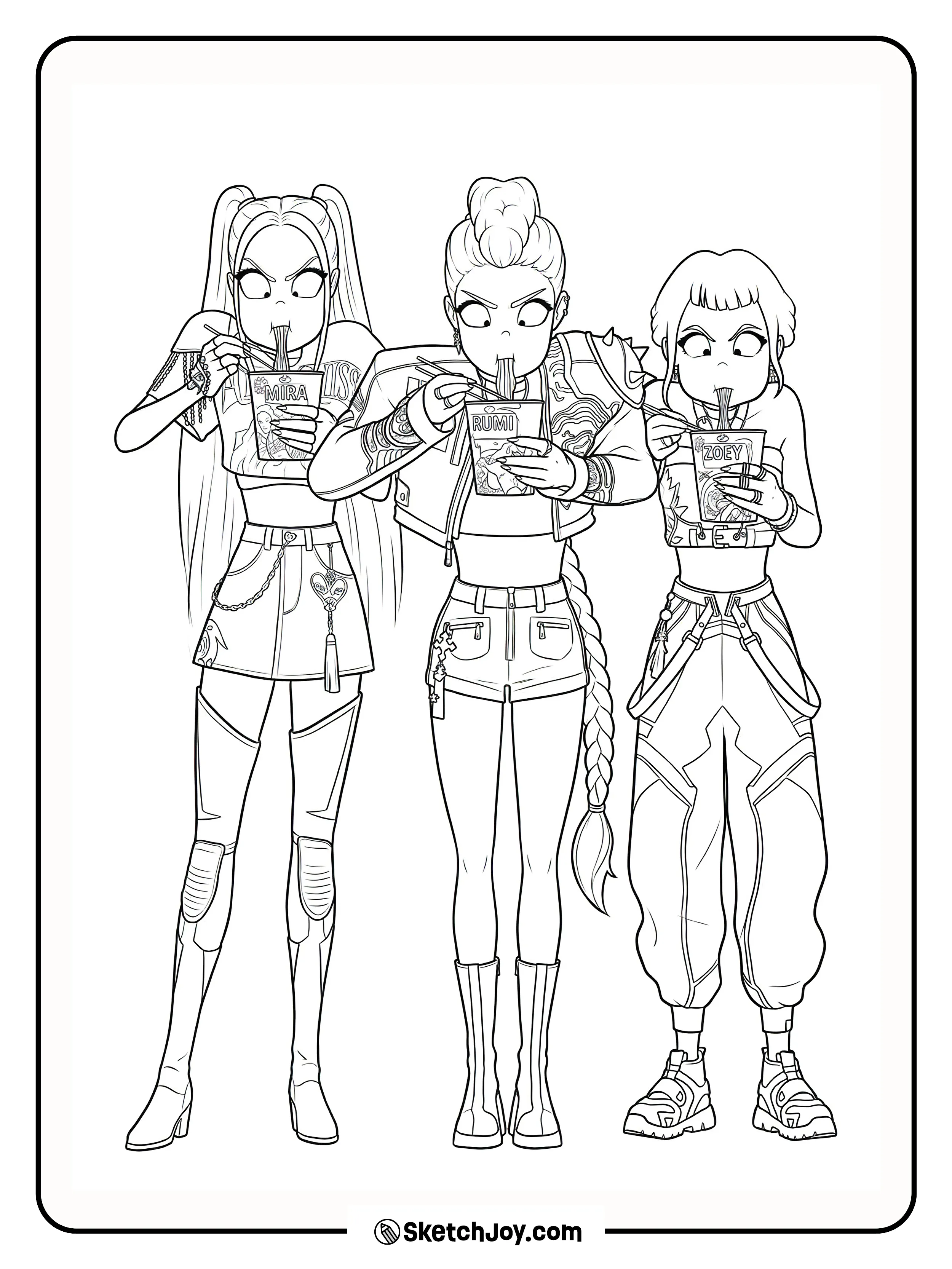 Mira, Rumi, and Zoey eat cup noodles together with funny serious faces.
