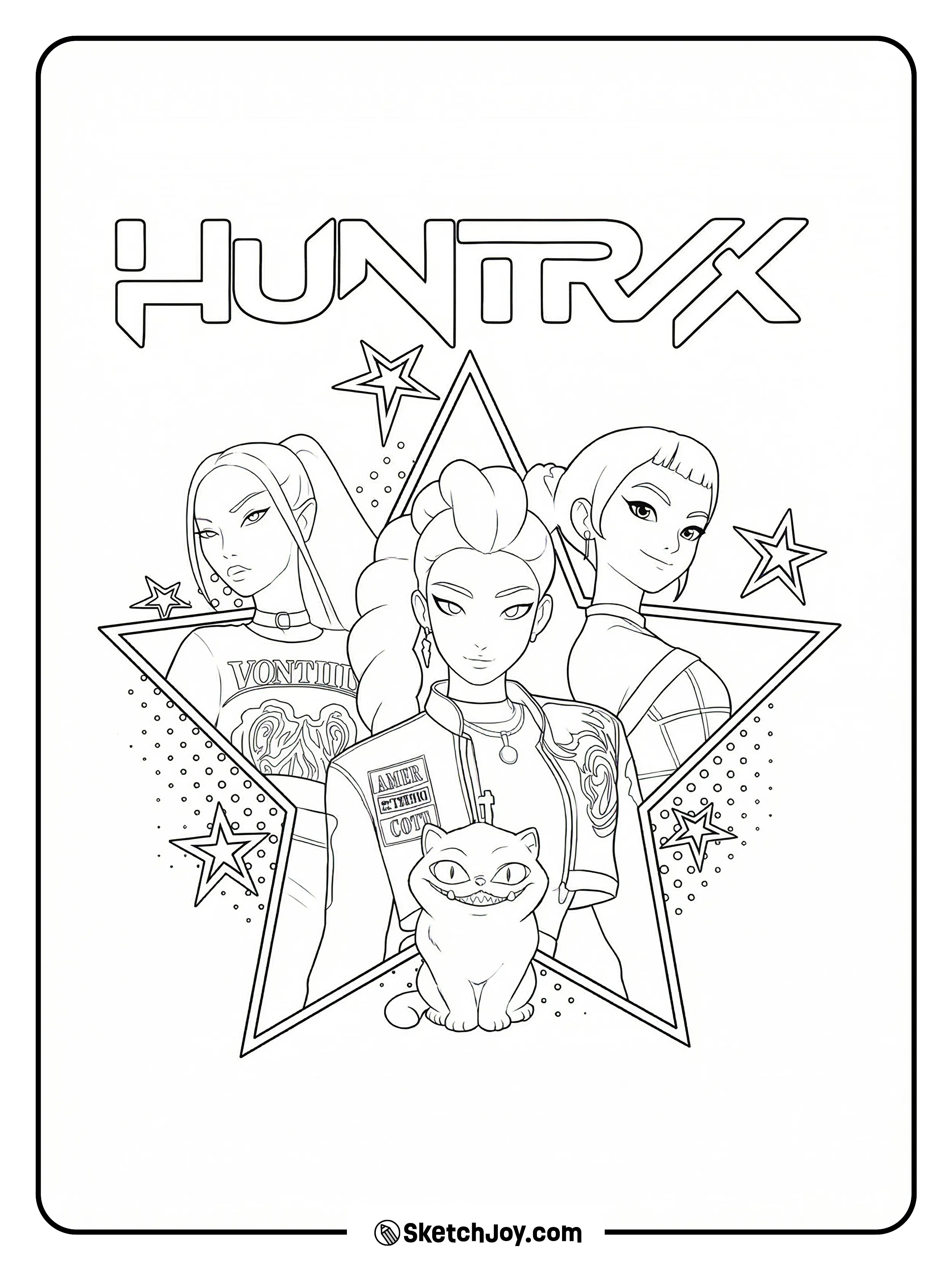 Rumi, Mira, and Zoey stand in a big star frame with Derpy Tiger sitting in front.