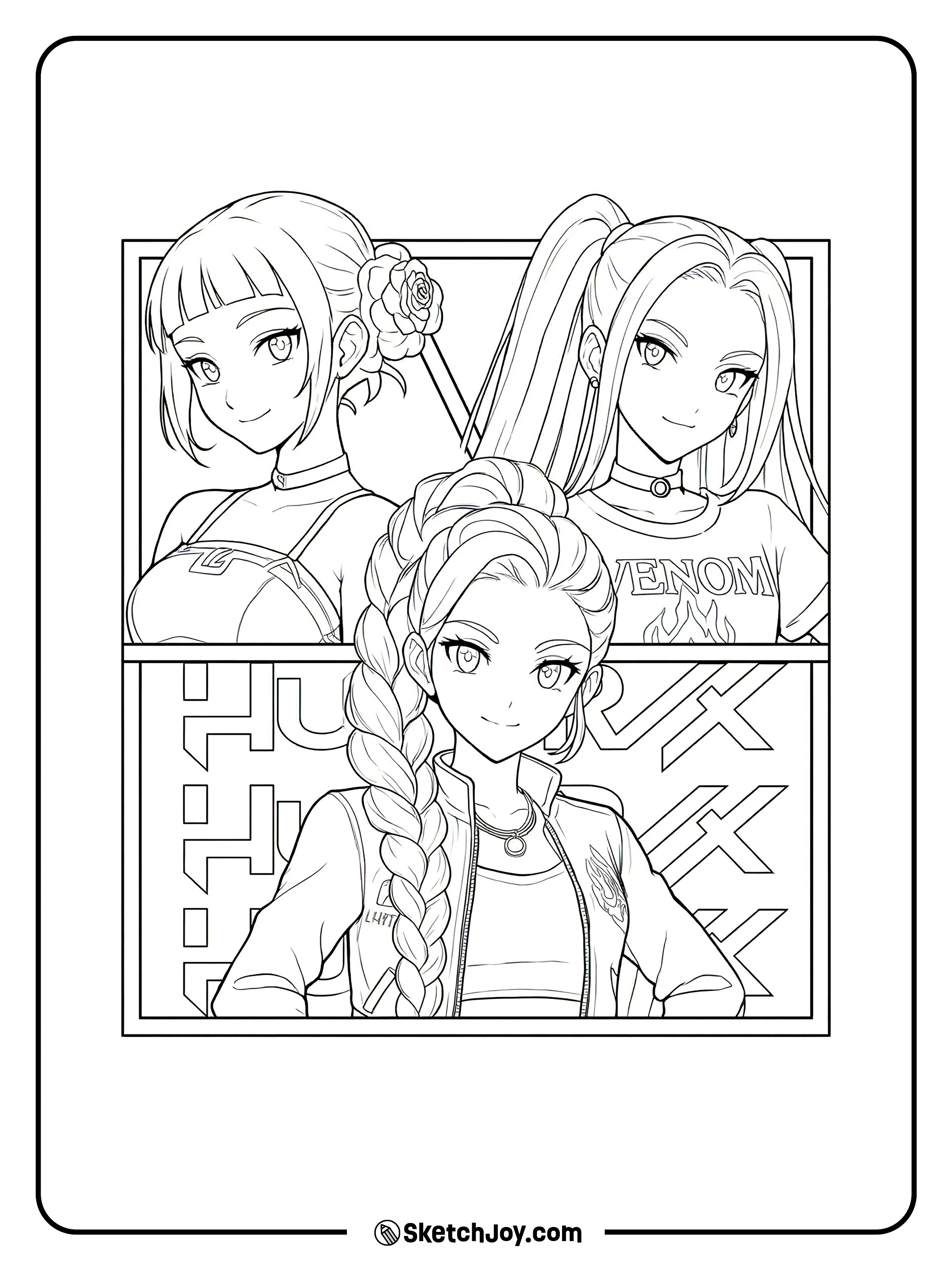 Rumi stands in front while Zoey and Mira smile behind her inside a clean square frame.