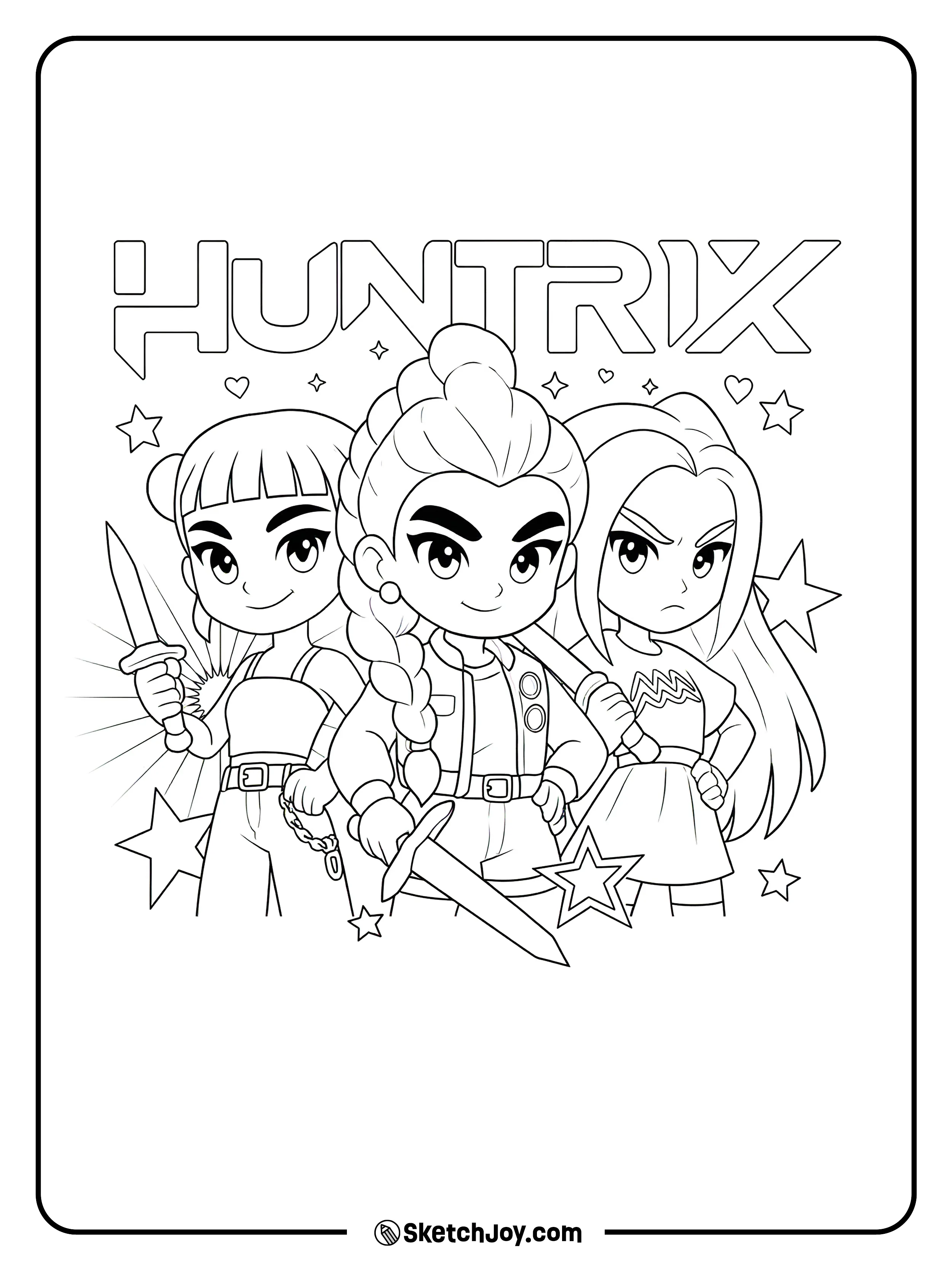 Zoey, Rumi, and Mira stand together with their weapons and small star shapes around them.
