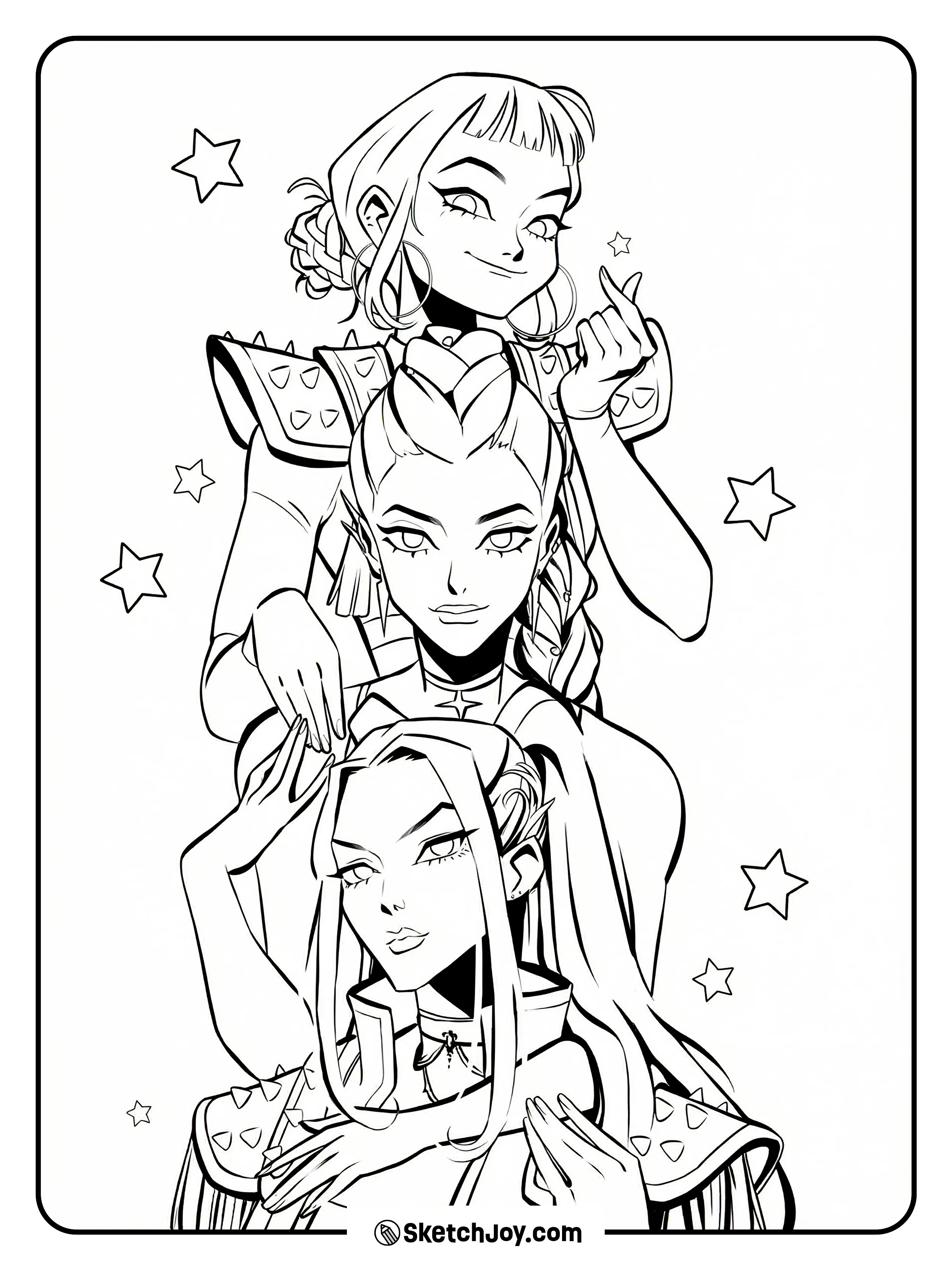 Rumi, Mira, and Zoey stand together in a cool stacked pose with stars around them.