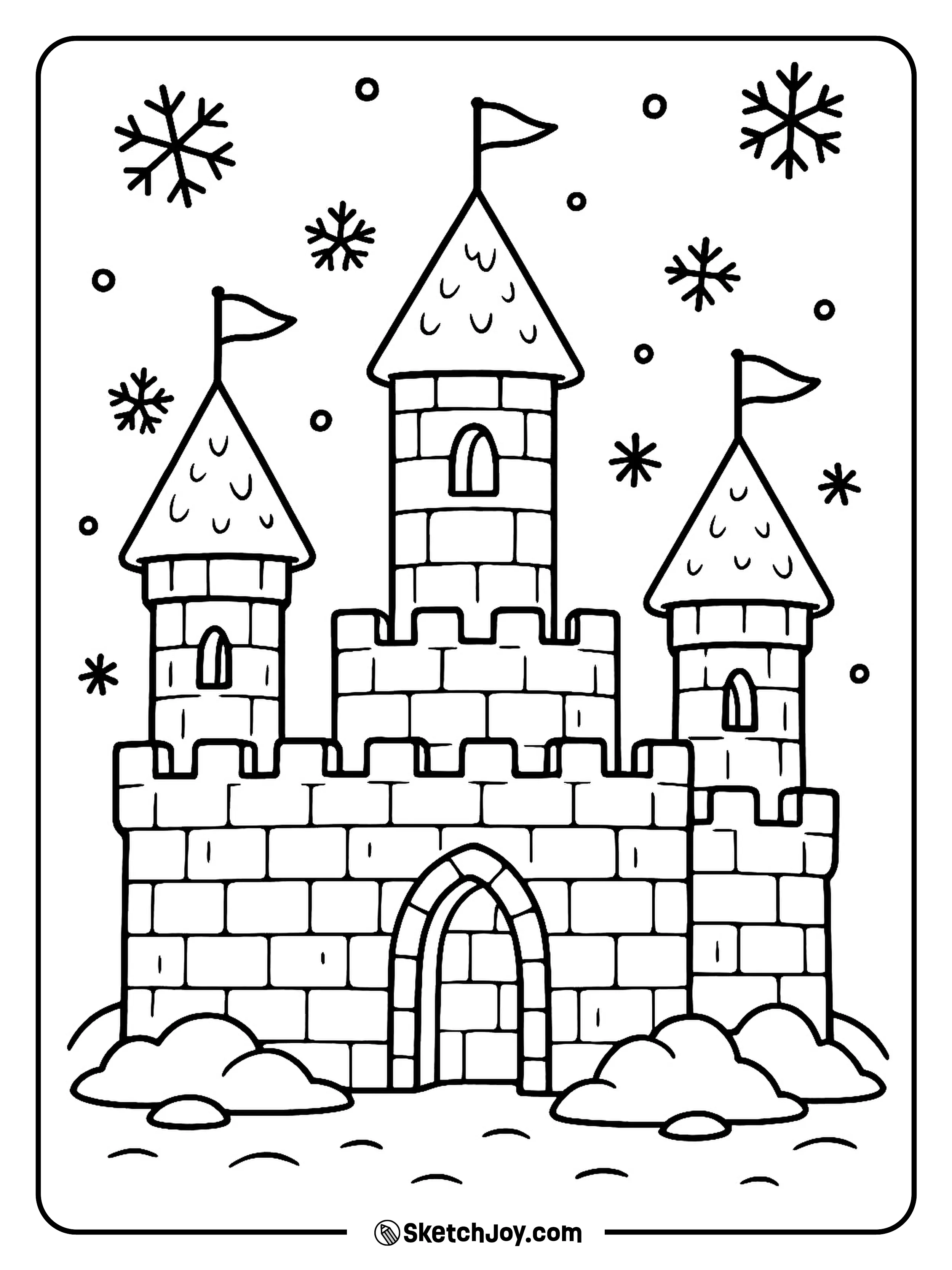 A small ice castle stands with towers and flags in the snow.