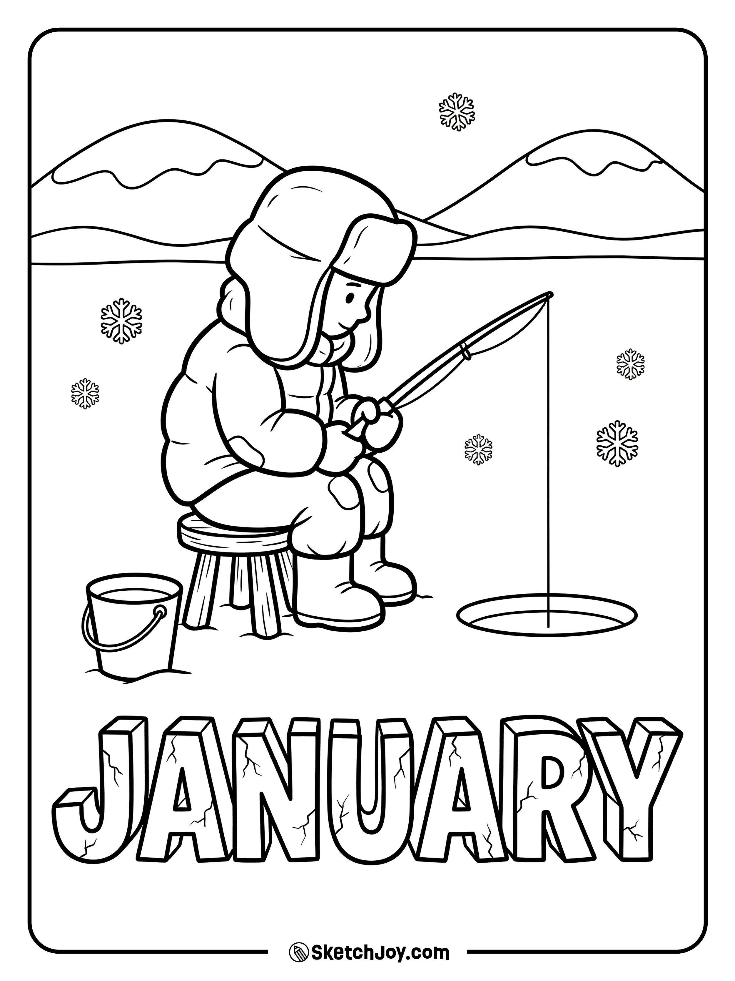 A person ice fishes beside icy JANUARY letters on the lake.