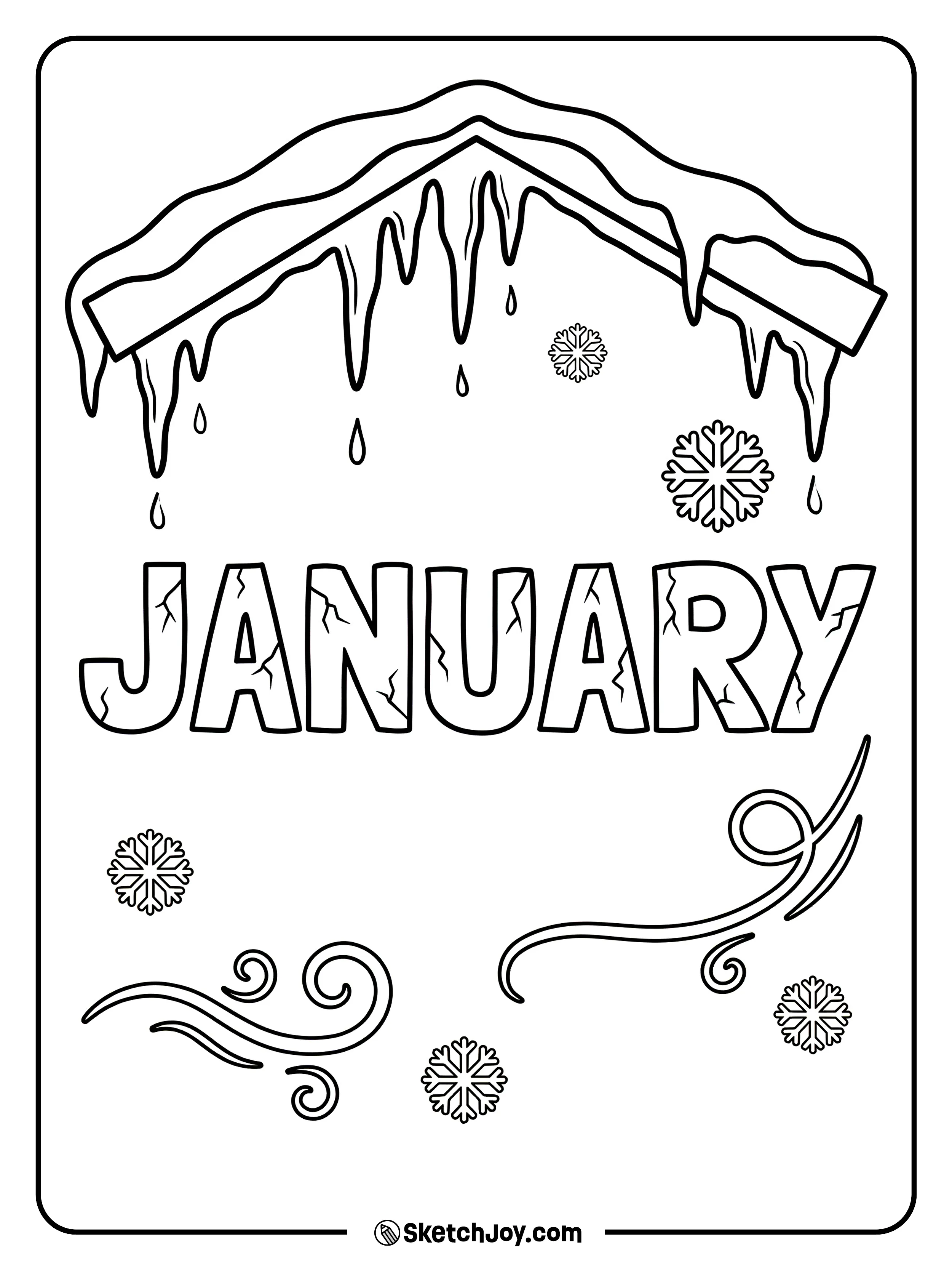 Icicles hang above frozen JANUARY letters.