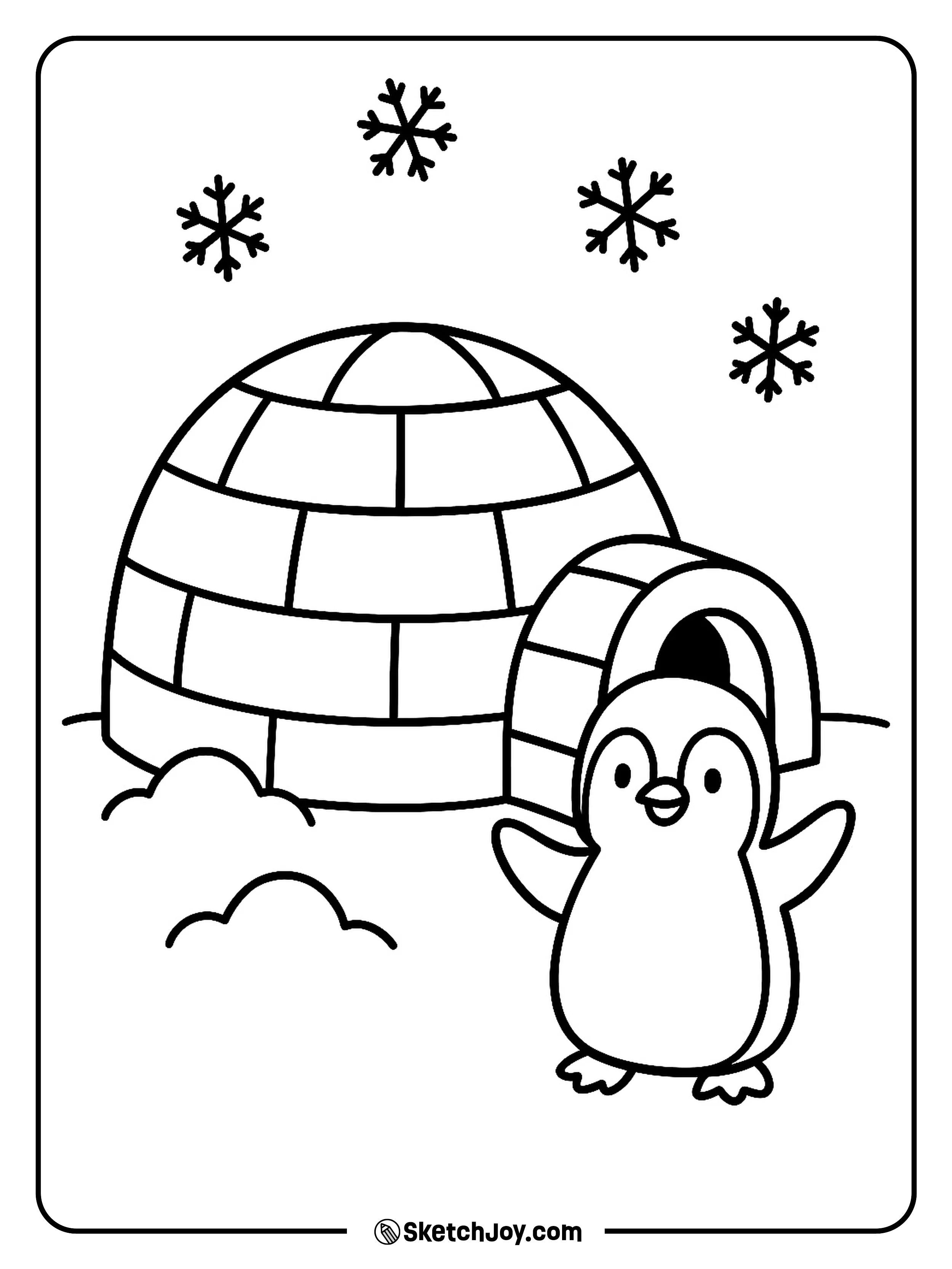 A penguin stands by an igloo doorway like a host.