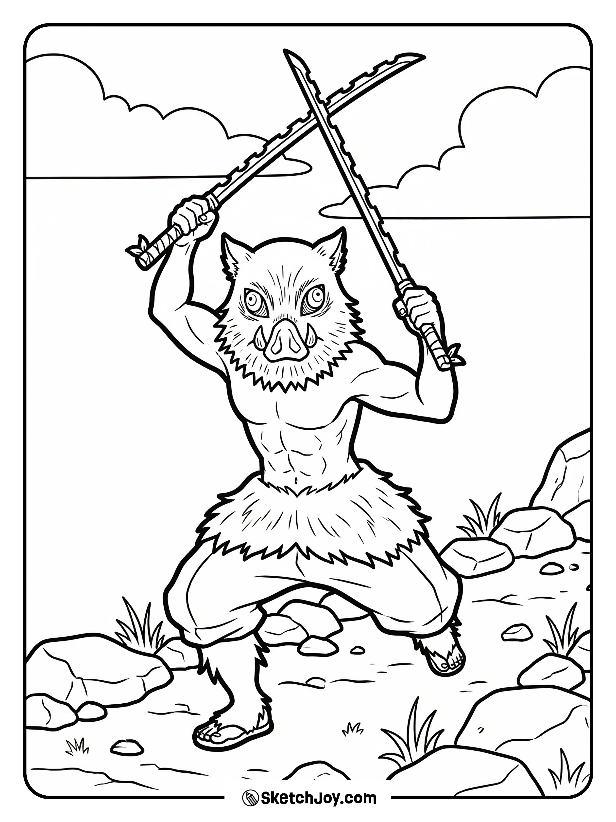 Inosuke dashes forward with his blades raised on a rocky mountain trail with a big sky.