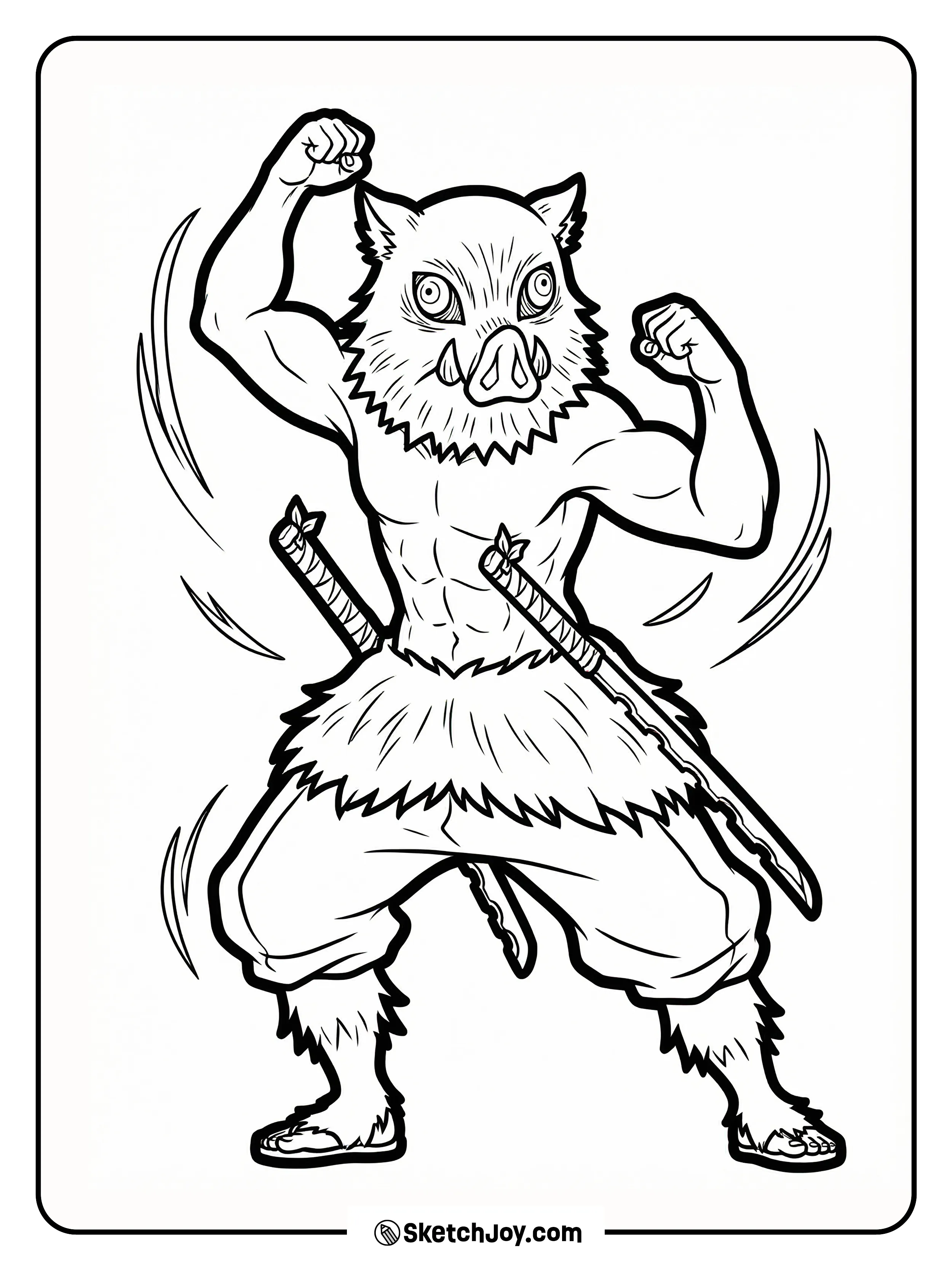 Inosuke flexes his arms with his boar mask on, full of wild energy.